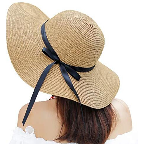 Muryobao Women Wide Brim Straw Sun Hat Floppy Foldable Roll Up Cap Beach Summer Hats Upf 50+ Khaki