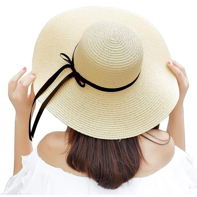 Clothera Summer Brim Floppy Straw Beach Hats For Women (Beige With Black Ribbon)