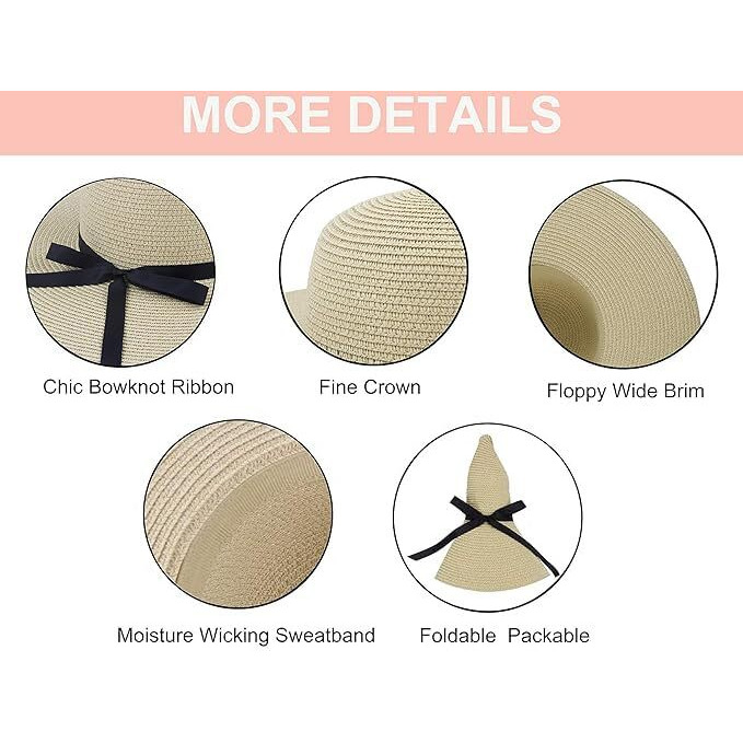 Clothera Summer Brim Floppy Straw Beach Hats For Women (Beige With Black Ribbon)