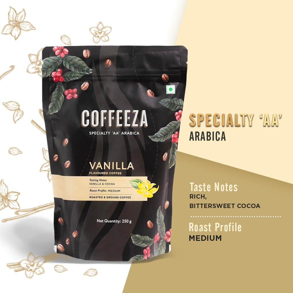 Coffeeza Ground Coffee - Coarse Grind - Vanilla Flavored - Pack Of 4 (250G Each) - Medium Roast 100% Arabica Ground Coffee Powder