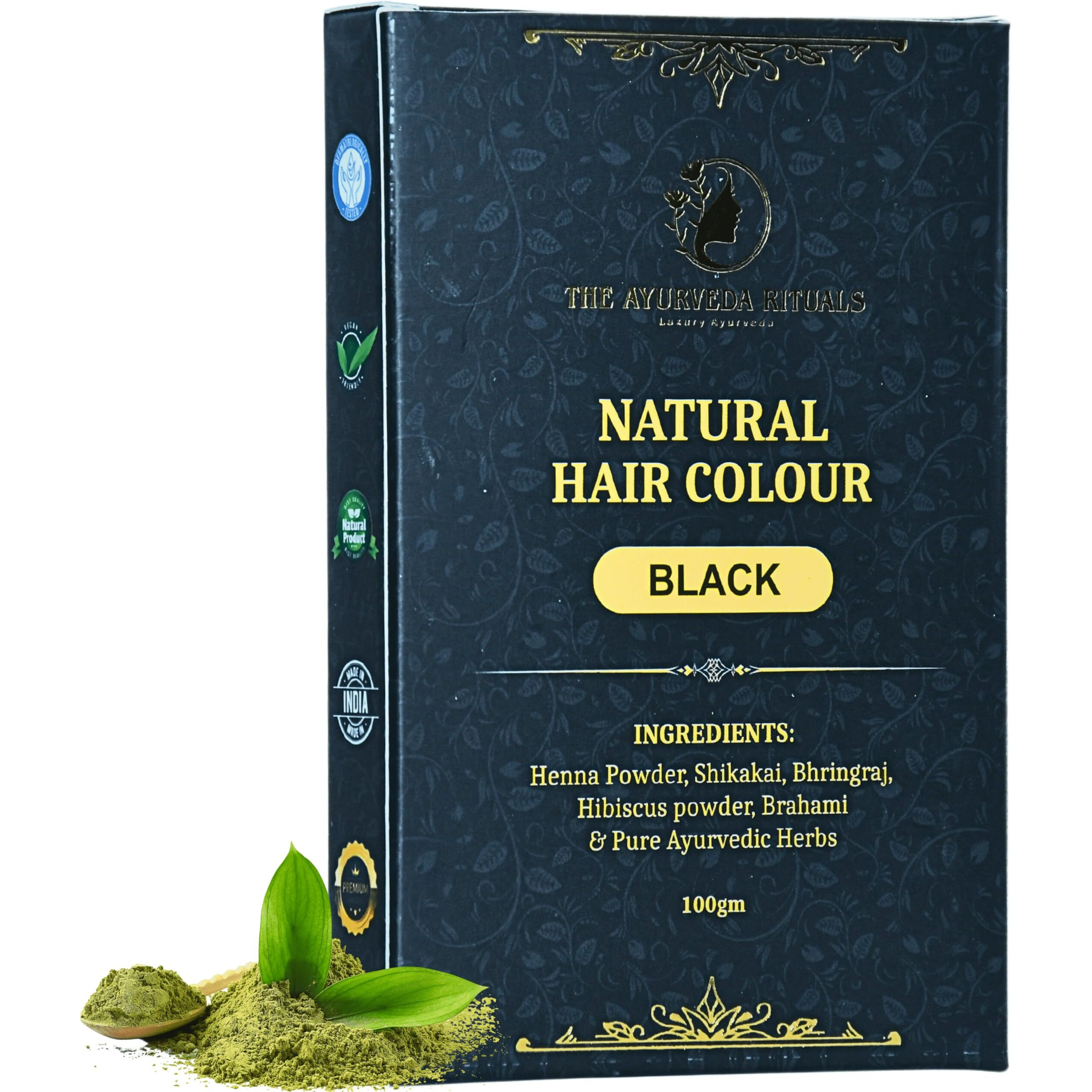 The Ayurveda Rituals - Natural Hair Colour Black For Women & Men | 100% Natural | Ammonia Free & Ppd Free | Herbal Organic Hair Colour | Plant-Based | Natural Henna Powder | 9 Organic Ayurvedic Extracts L Natural Black (100Gm)