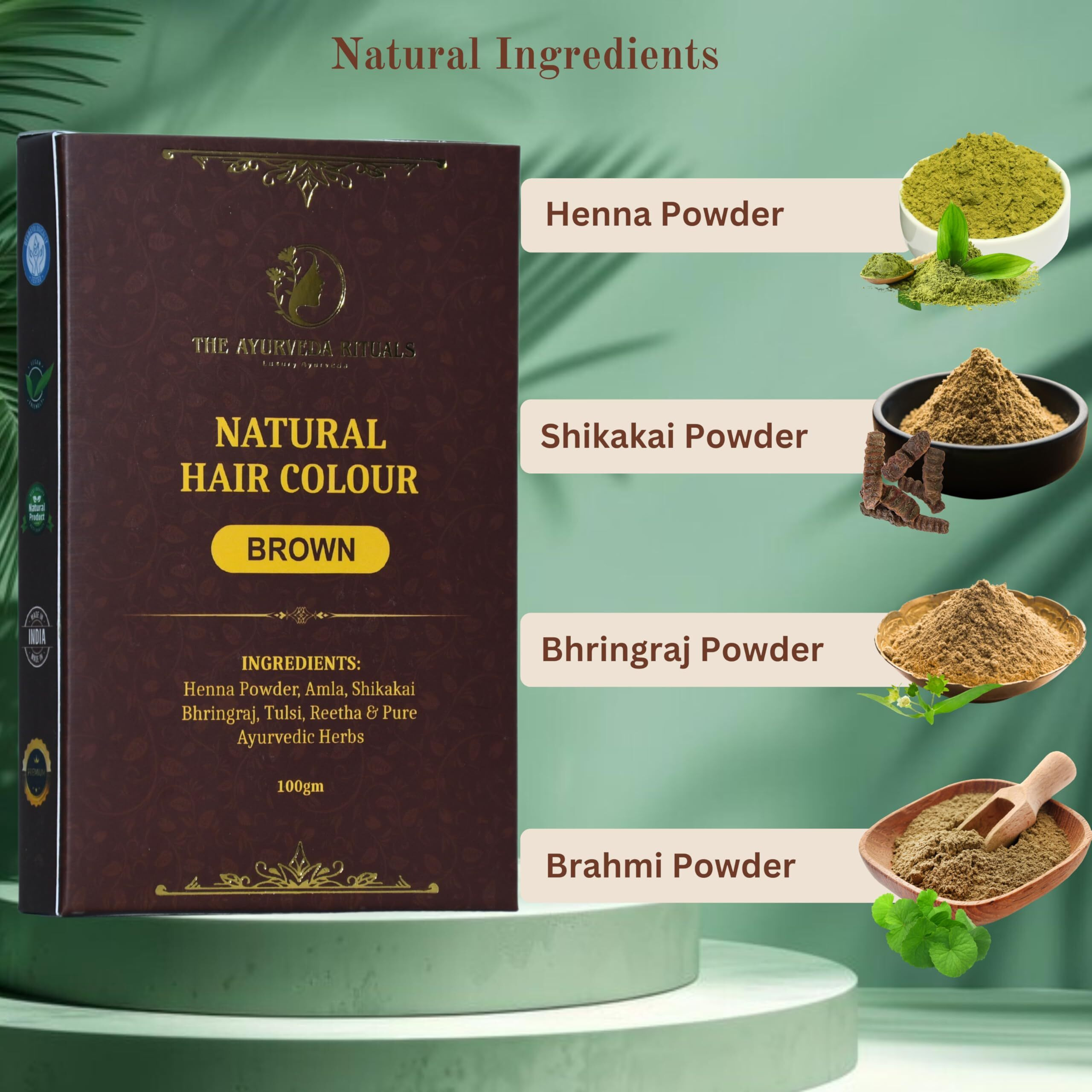 The Ayurveda Rituals - Natural Hair Colour Brown For Women & Men | 100% Natural | Ammonia Free & Ppd Free | Herbal Organic Hair Colour | Plant-Based | Natural Henna Powder | 9 Organic Ayurvedic Extracts L Natural Brown (100Gm)