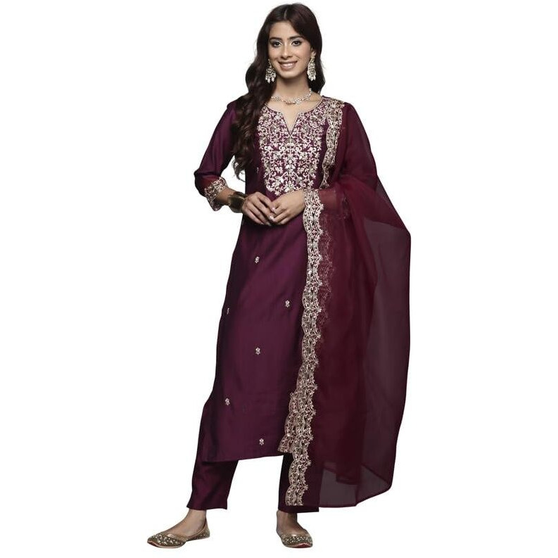 Indo Era Women's Embroidered Viscose Calf Length Straight Kurta & Pant With Dupatta Set (Kh1Pr9420_X-Small)