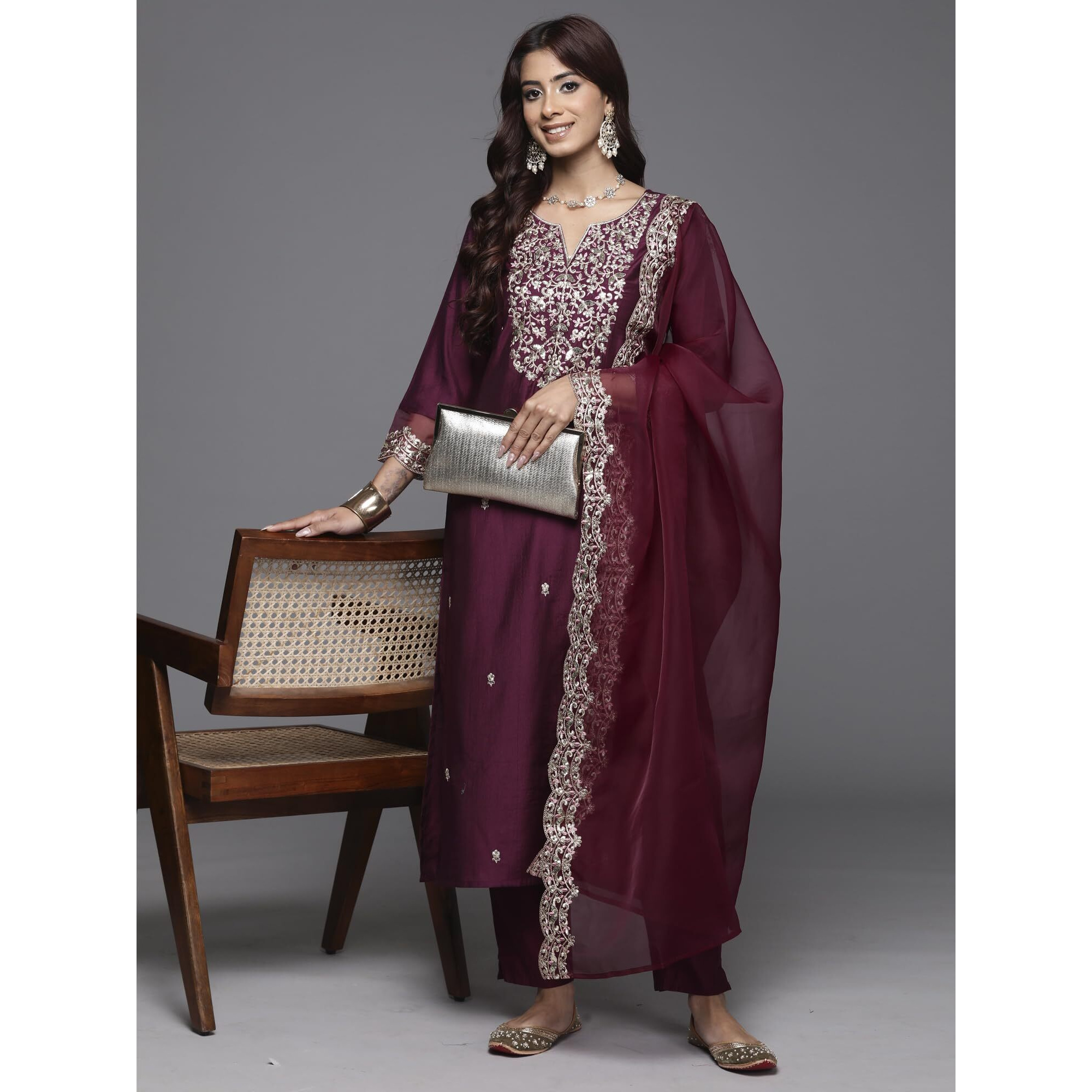 Indo Era Women's Embroidered Viscose Calf Length Straight Kurta & Pant With Dupatta Set (Kh1Pr9420_X-Small)