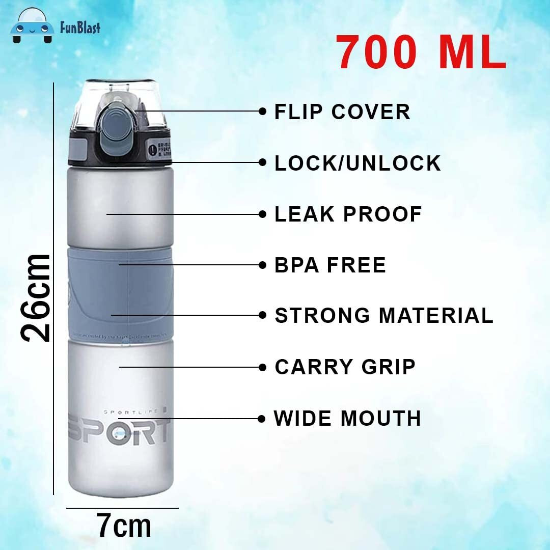 Funblast Unbreakable Water Bottle With Sipper & Straw, Bpa Free Drinking Bottle, Leak-Proof Water Bottle Ideal For Office, Sports, School, Gym (700 Ml, Grey) - Polycarbonate & Polypropylene, Pack Of 1