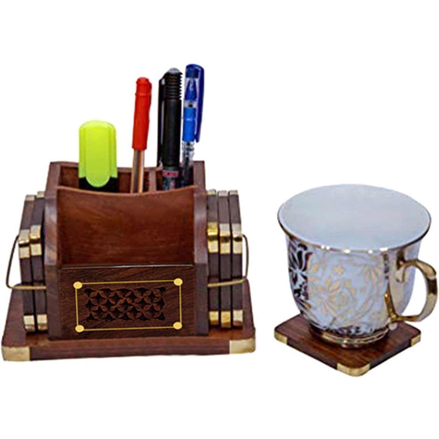 Woodiva Handmade Wooden 3 In 1 Tea Coaster Set Of 6 Handicraft With Brass Work With Pen Stand For Home/Office Decor