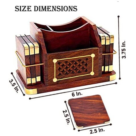 Woodiva Handmade Wooden 3 In 1 Tea Coaster Set Of 6 Handicraft With Brass Work With Pen Stand For Home/Office Decor