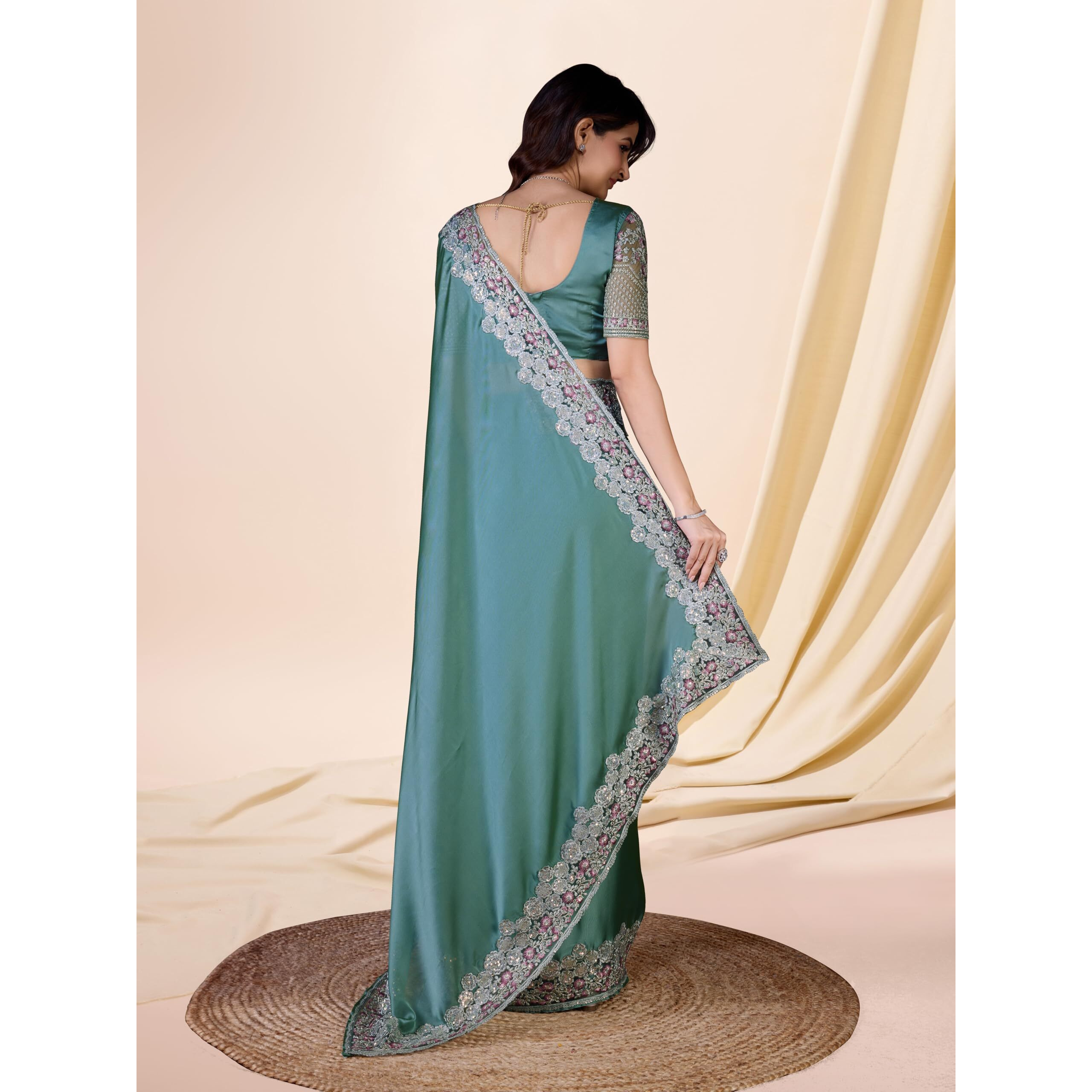 Trendmalls Women's Silk Embroidered Border Saree With Heavy Work Blouse Piece Saree For Women (K1092-Grey)