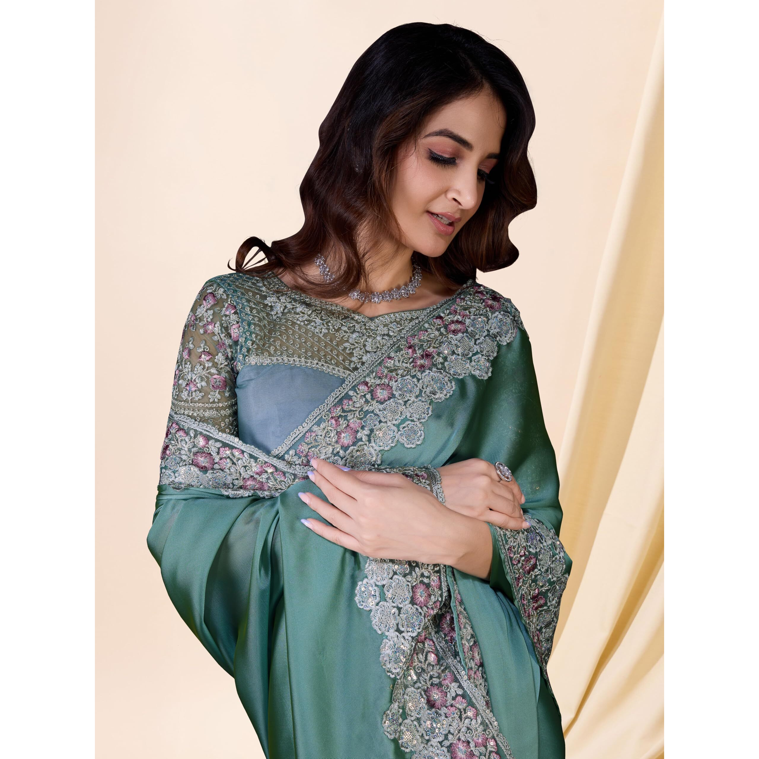 Trendmalls Women's Silk Embroidered Border Saree With Heavy Work Blouse Piece Saree For Women (K1092-Grey)