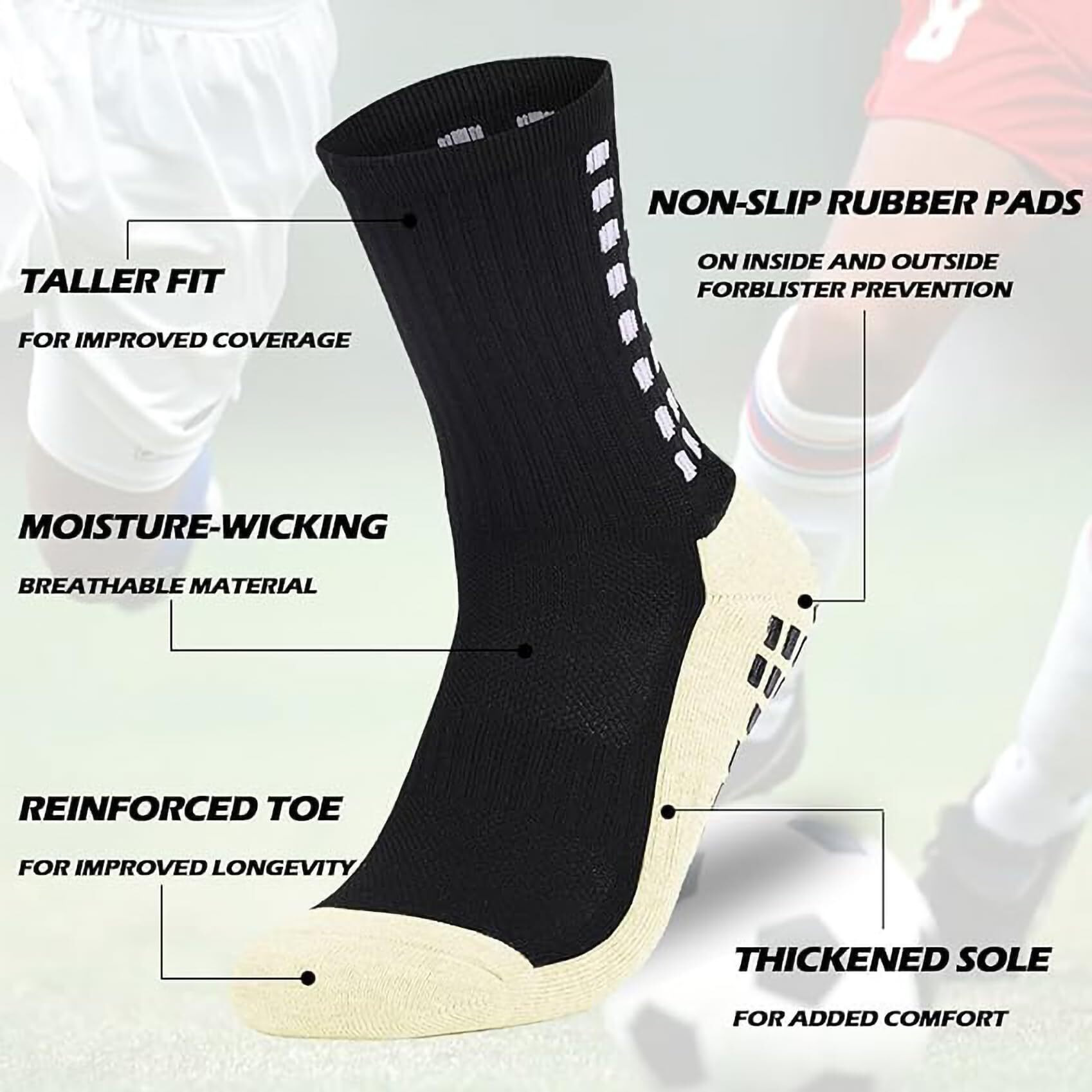 Boldstuff 2 Pair Athletic Grip Socks For Men & Women | Crew Length, Hi-Tech Performance Anti-Slip Rubber Grip, Thick Cushion Sports Sock For Running, Gym, Badminton, Training-Black