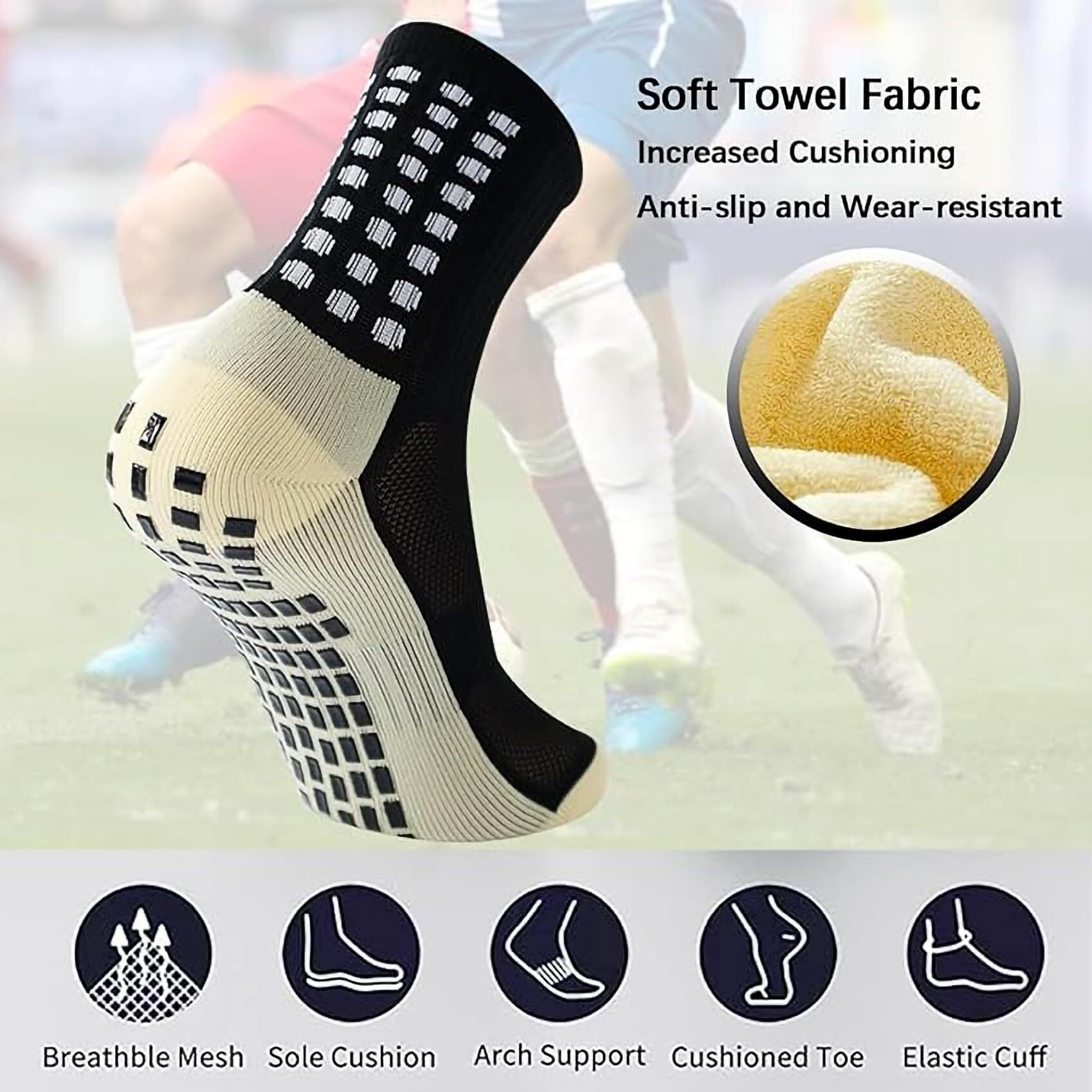 Boldstuff 2 Pair Athletic Grip Socks For Men & Women | Crew Length, Hi-Tech Performance Anti-Slip Rubber Grip, Thick Cushion Sports Sock For Running, Gym, Badminton, Training-Black