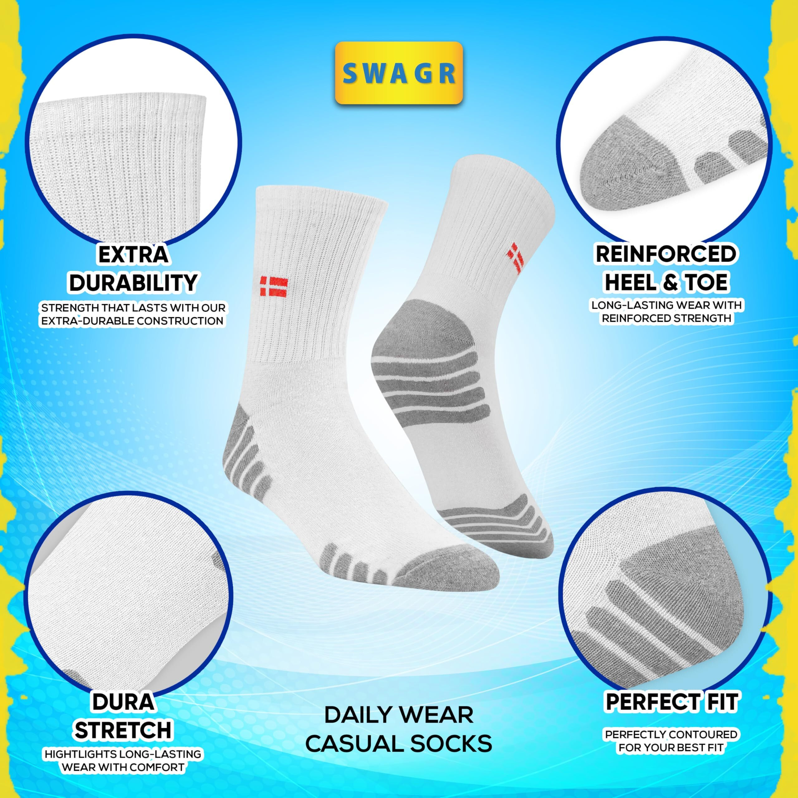 Swagr Sports Crew Socks For Men Premimum Cotton Calf Length Athletic Socks, White, Pack Of 3, Free Size