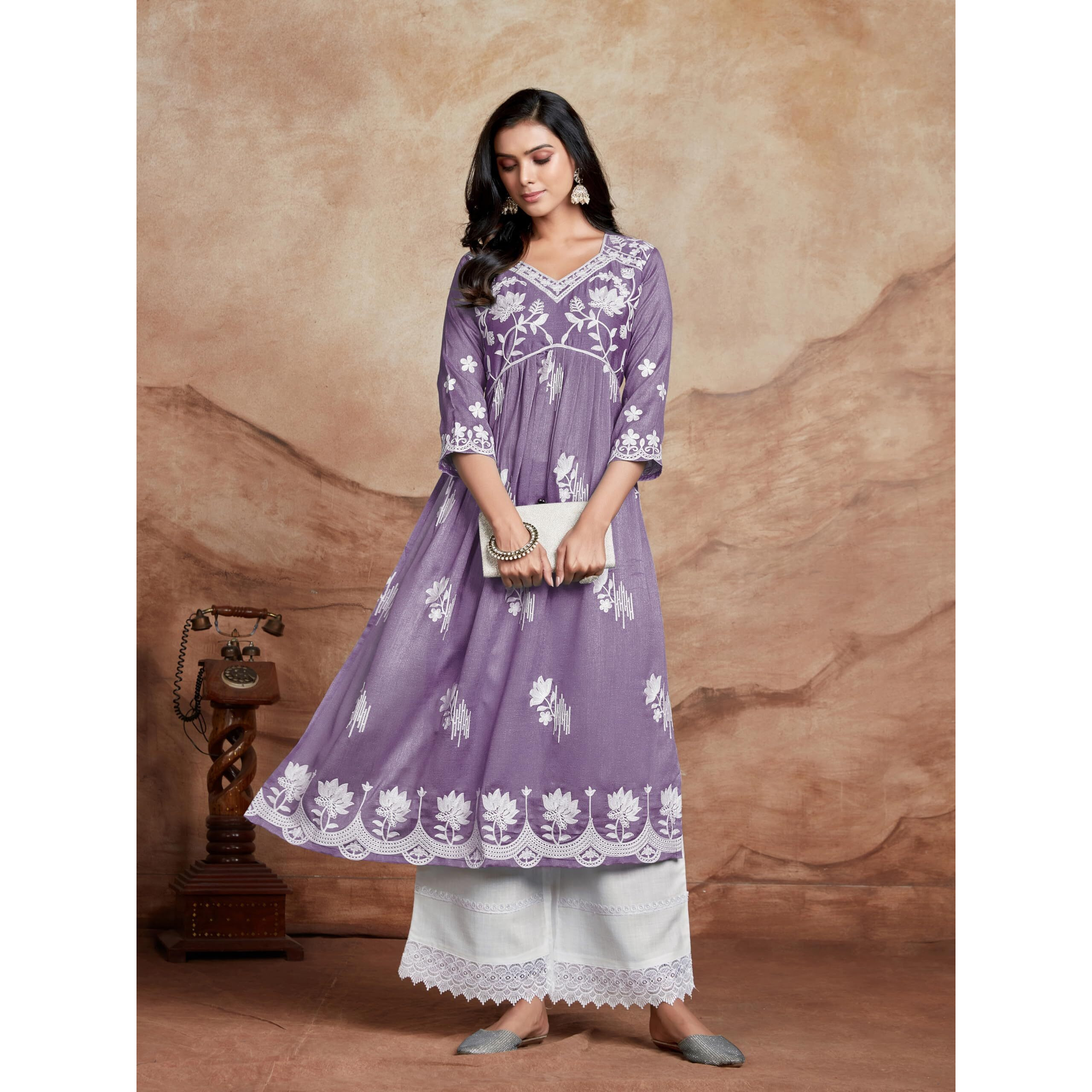 Ethnicjunction Women's Chikankari Embroidered Naira Cut Kurta Lavendar