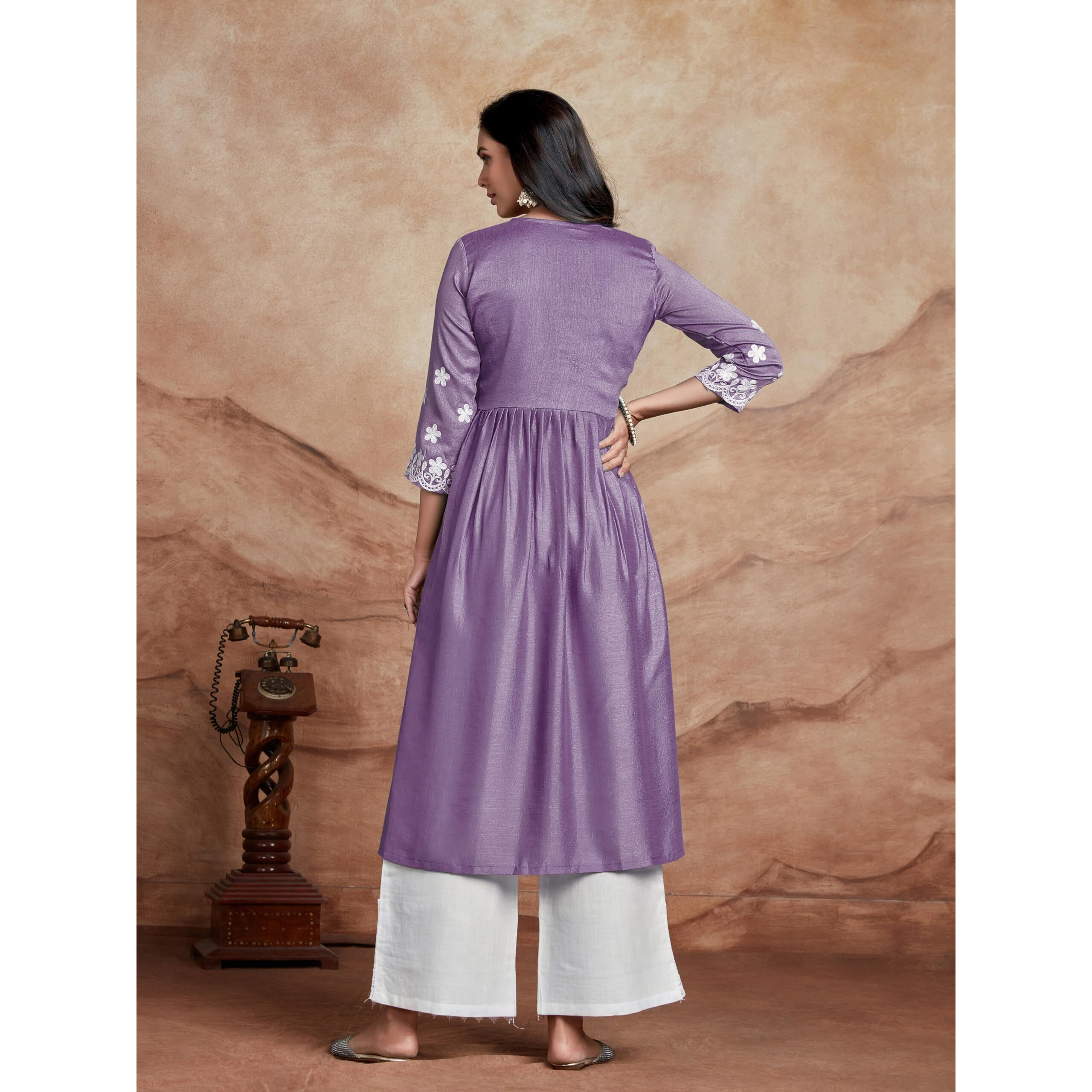 Ethnicjunction Women's Chikankari Embroidered Naira Cut Kurta Lavendar