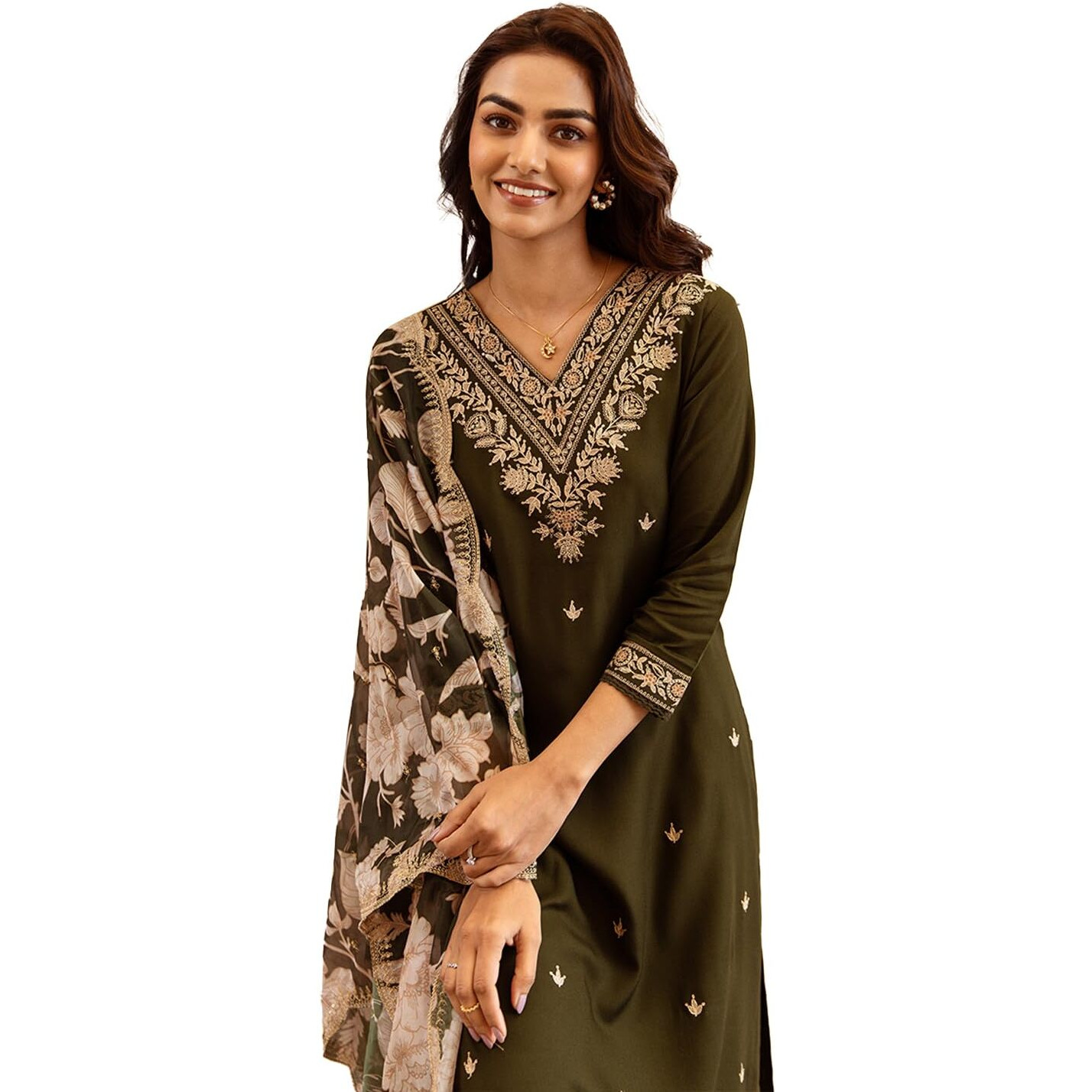 Indo Era Women's Viscose Rayon Embroidered Straight Kurta And Pant With Dupatta Set(Kh5Gn6148_Medium)