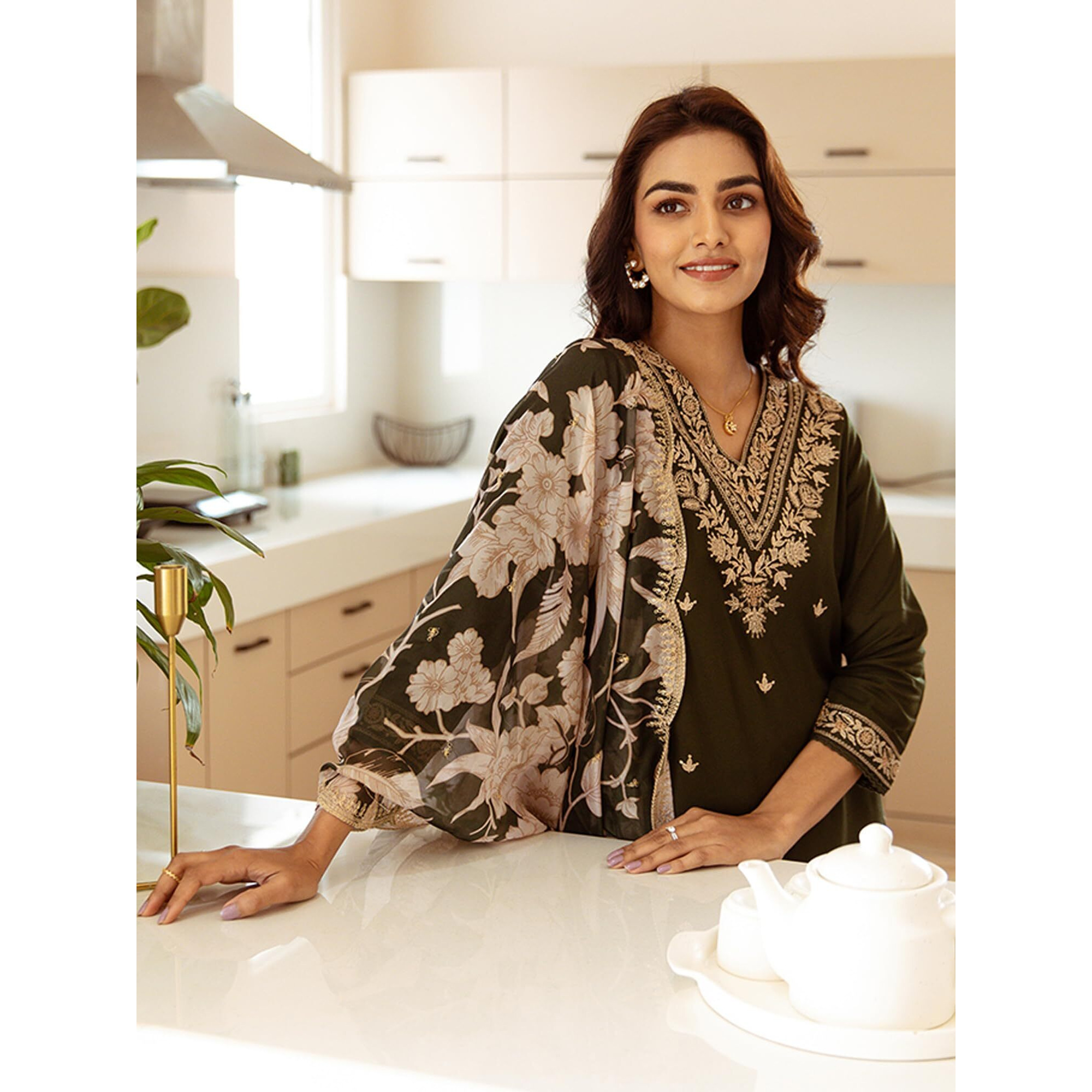 Indo Era Women's Viscose Rayon Embroidered Straight Kurta And Pant With Dupatta Set(Kh5Gn6148_Medium)
