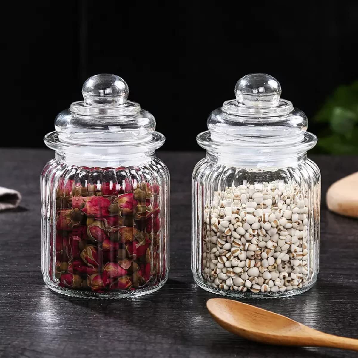 Muac Glass Container Jar With Lid For Kitchen Small Jars For Kitchen Storage Pop Jar Glass Jar Food Storage Containers For Storing Spices,Jam,Honey,Aachar,Sugar,Coffee Beans (350Mll,2Pc),Transparent