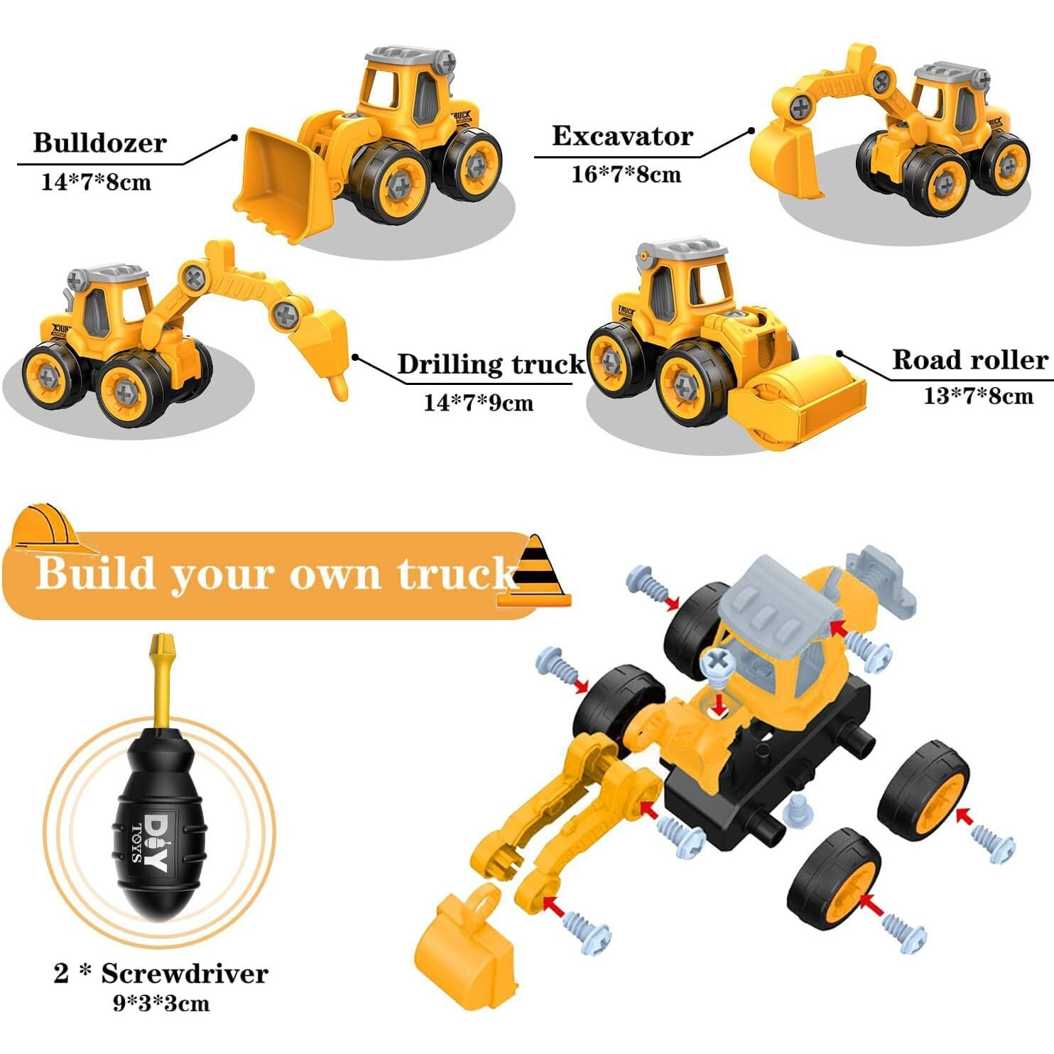 Super Toy 4 Construction Trucks Toys For 2 3 4 5 Year Old Boys Diy Disassemble And Assembly Excavator, Bulldozer, Ground Drill, Road Roller Educational Birthday Gift For Kids,Yellow