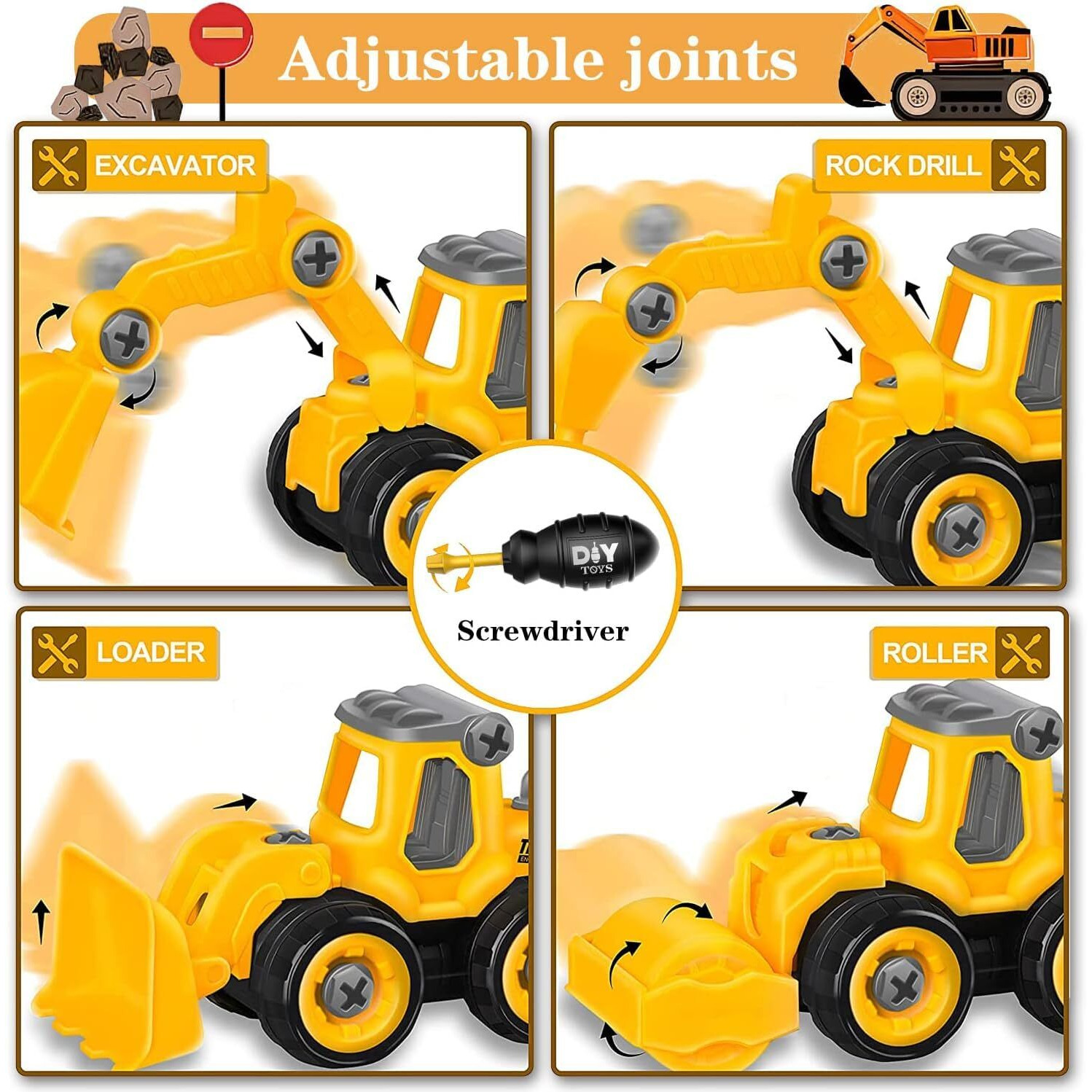 Super Toy 4 Construction Trucks Toys For 2 3 4 5 Year Old Boys Diy Disassemble And Assembly Excavator, Bulldozer, Ground Drill, Road Roller Educational Birthday Gift For Kids,Yellow