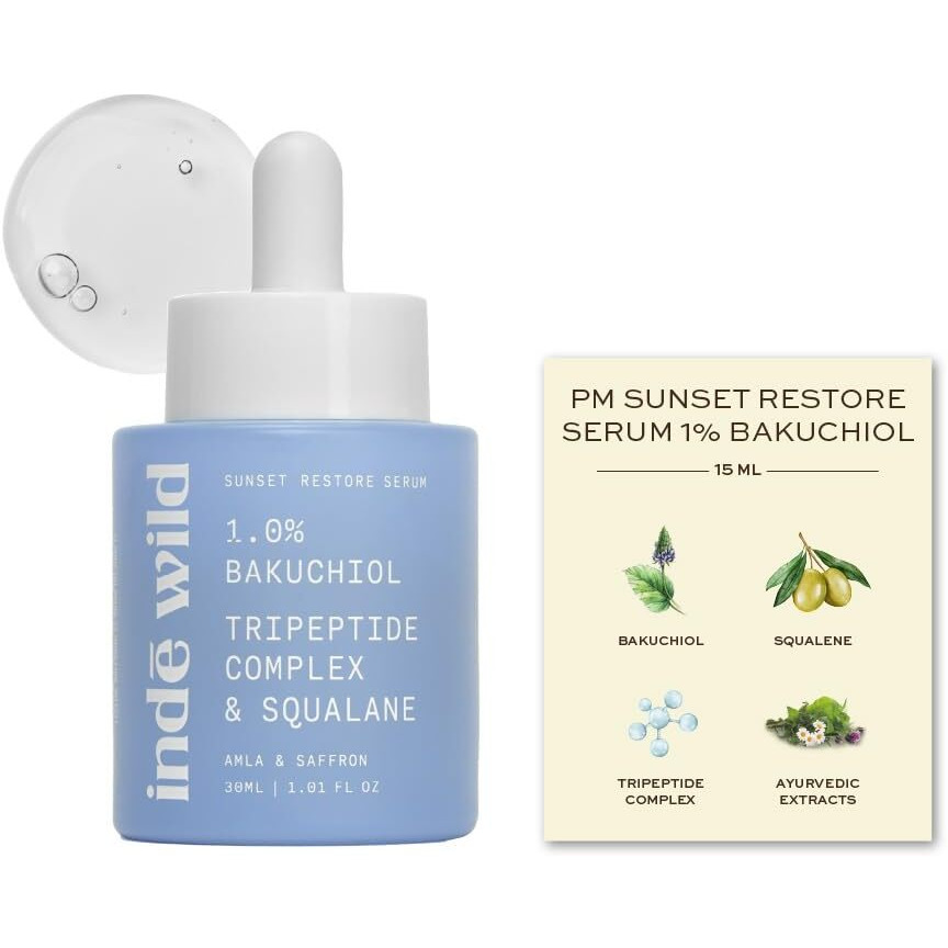 Ind Wild Pm Sunset Restore Serum With 1% Bakuchiol | 30Ml | Retinol Alternative | Pregnancy Safe | Infused With Squalane, Tripeptide Complex & Ayurvedic Extracts | Restores Skin Barrier & Glow