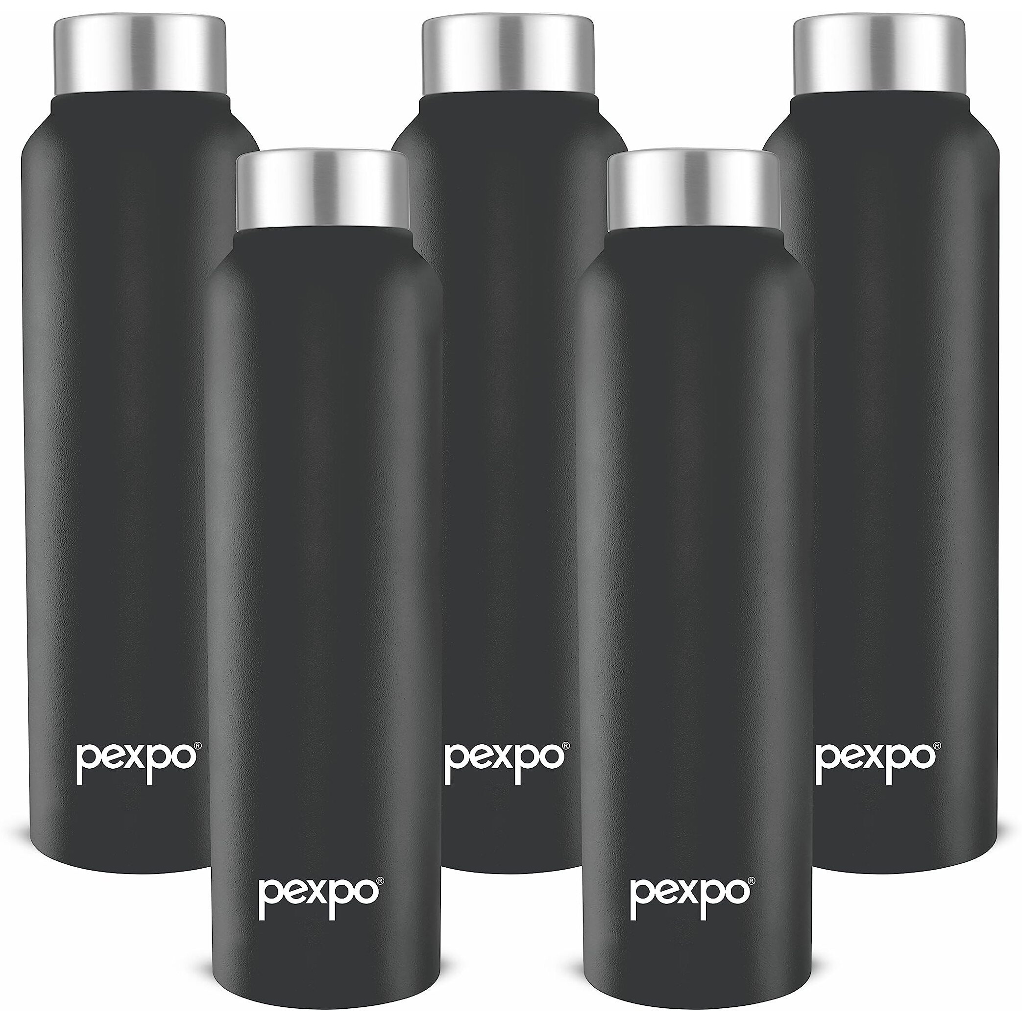 Pexpo Chromo Stainless Steel Sports/Fridge Water Bottle 1 Litre, Knight Black Pack Of 5 | Eco Friendly | Bpa Free | Water Bottle For Office, Gym, School, Yoga, Trekking, Men, Women And Kids
