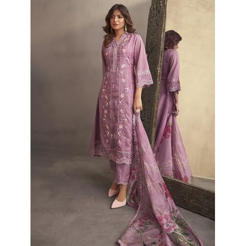 Indo Era Organza Women's Pink Embroidered Straight Kurta Pant With Dupatta (Ieout7434_X-Small)