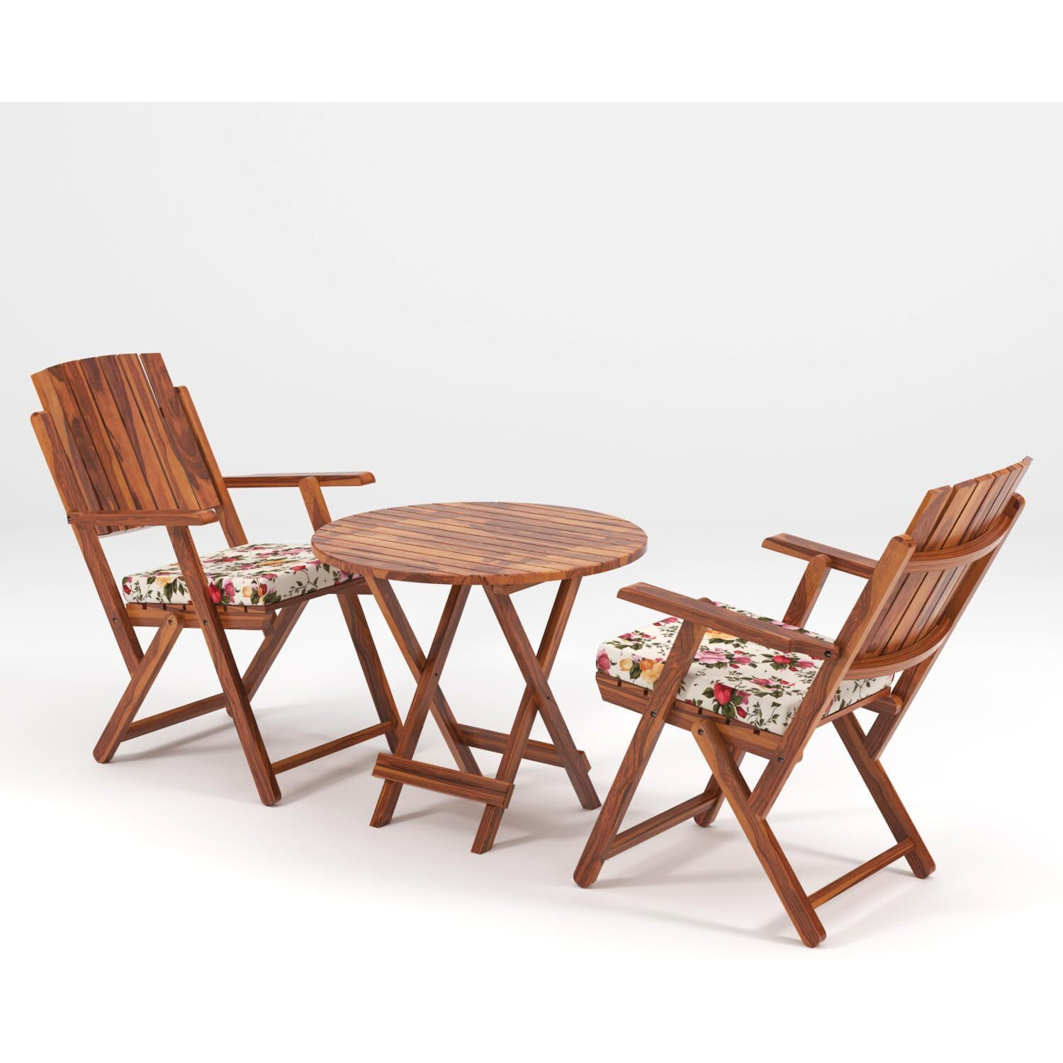Vmdj Furniture Sheesham Wooden Brown Color With Printed Cushion Portable Foldable 4 Seater Chair With Table Set Outdoor Balcony Garden Coffee Table Set Furniture