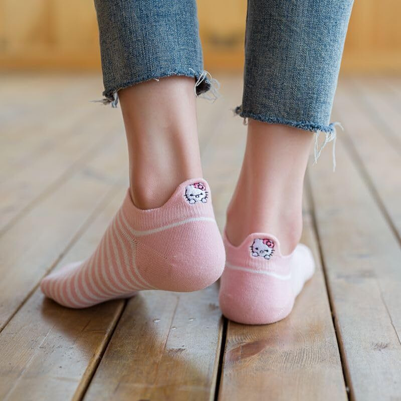 Sweet Caboodles Cotton Women's Ankle Socks For Casual & Sports Multicolor Odour Free Fancy Multi Design Socks Pack (In, Alpha, Free Size, Pink Kitty)