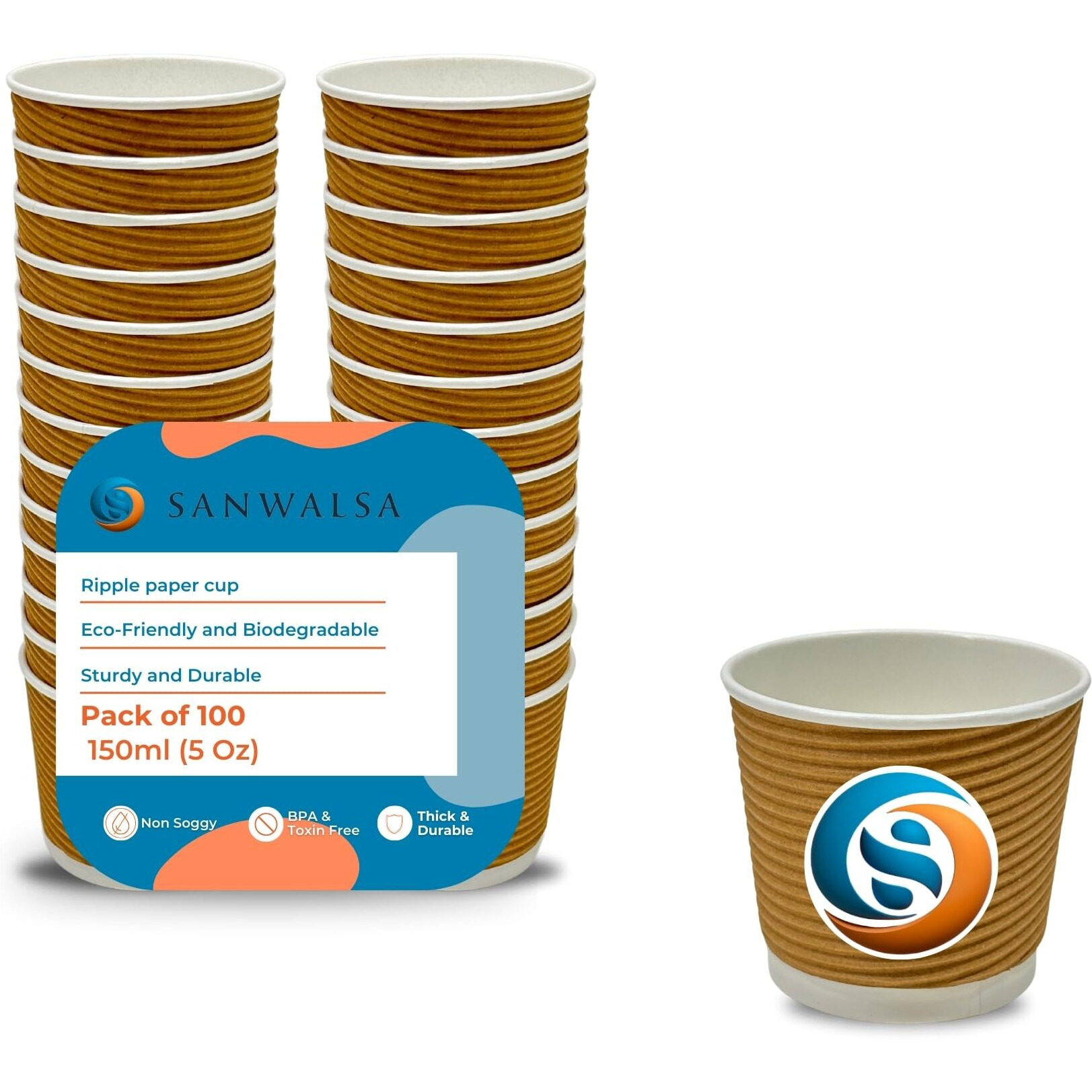 Sanwalsa (150 Ml,Brown- Pack Of 100-Piece, Paper Disposable Ripple Cup Eco-Friendly, Safe & Hygienic For Juice,Coffee,Tea,Home,Office,Party & Wedding Events