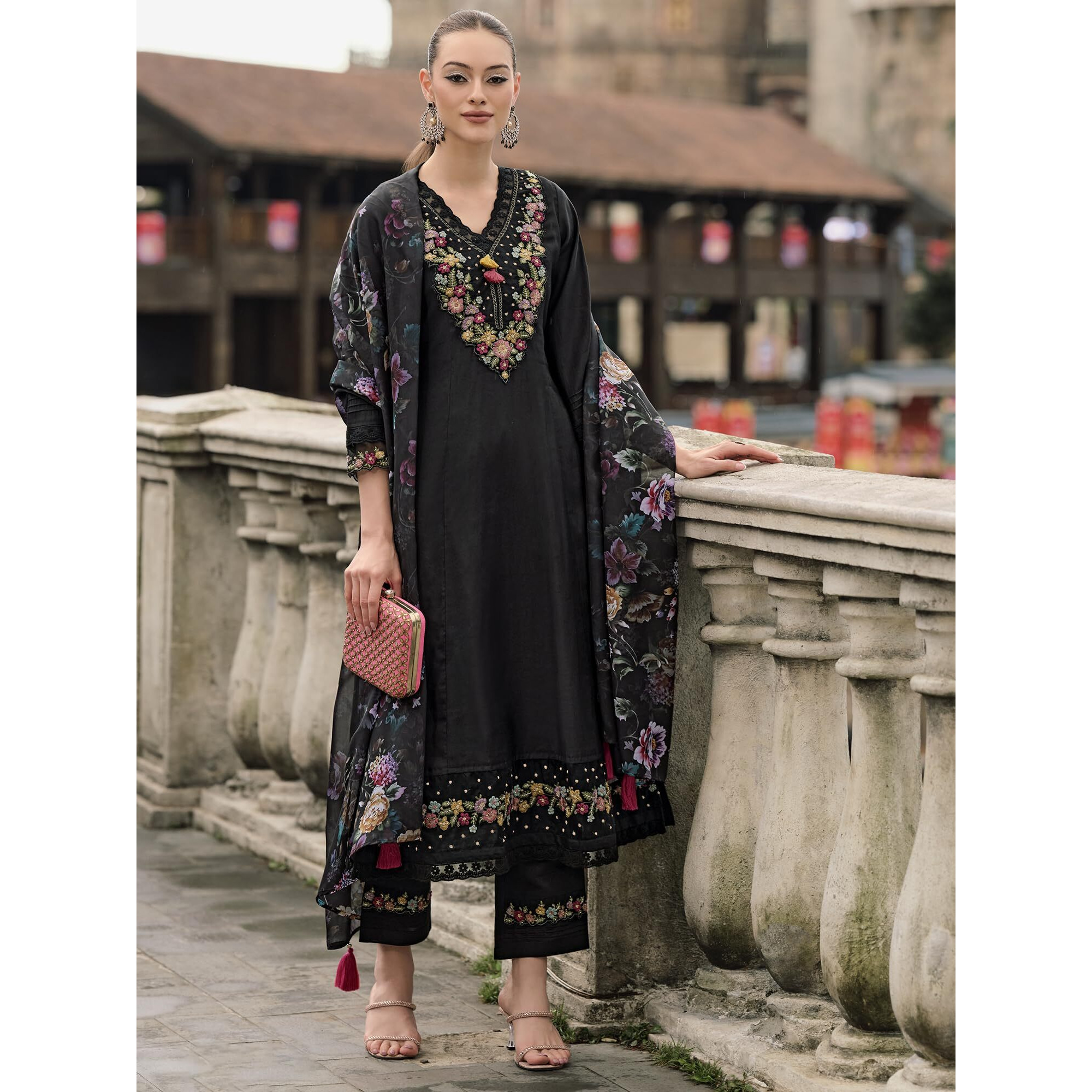 Indo Era Women's Black Embroidered Floral Silk Blend A-Line Kurta Trouser With Dupatta Set (Ieout7373_X-Large)