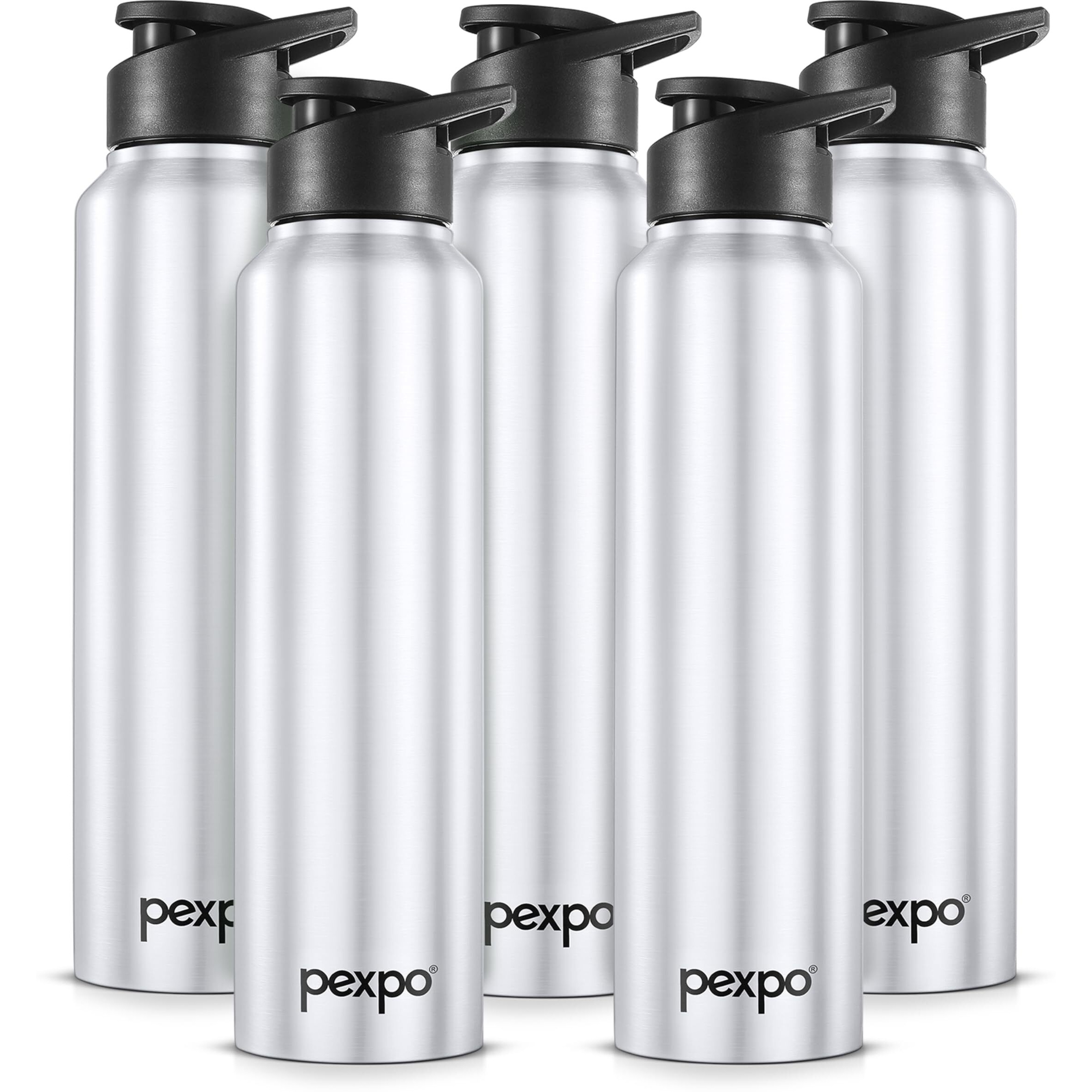 Pexpo Chromo Stainless Steel Sports/Fridge Sipper Water Bottle 1 Litre, Silver Pack Of 5 | Eco Friendly | Bpa Free | Water Bottle For Office, Gym, School, Yoga, Trekking, Men, Women And Kids