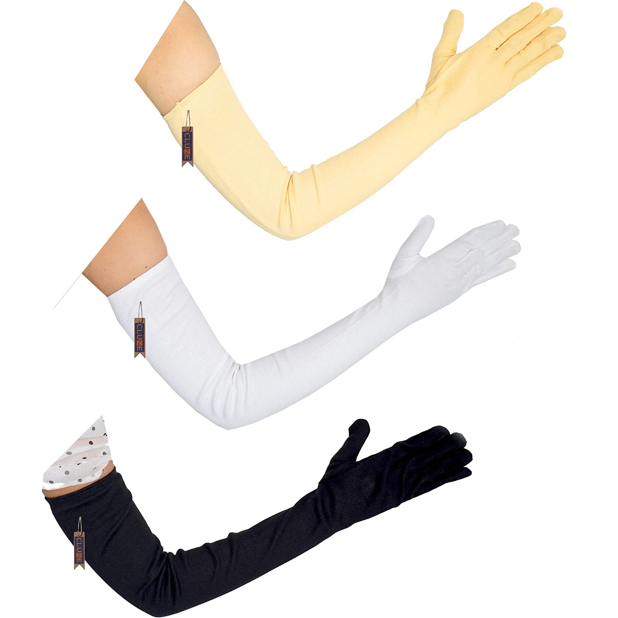 Cluze 3 Pairs Uv Long Sun Gloves Women's Sunblock Driving/Riding Gloves Non Slip Cotton Sun Protective For Outdoor Sports (Skin, Black, White)