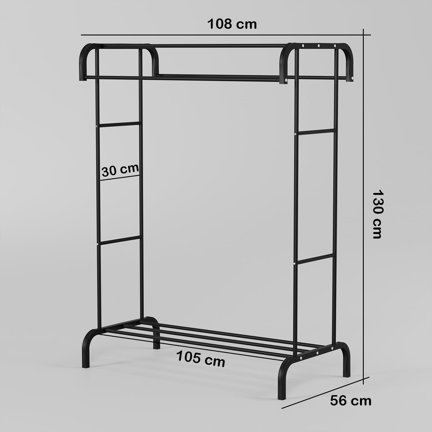 Lukzer Heavy Duty Metal Double Rod Clothing Rack With 2 Storage Racks | Multifunctional Garment Stand For Coats, Hats, And Accessories | Clothes Rail For Hallway/Living Room (Black/Mgs-004), Cm