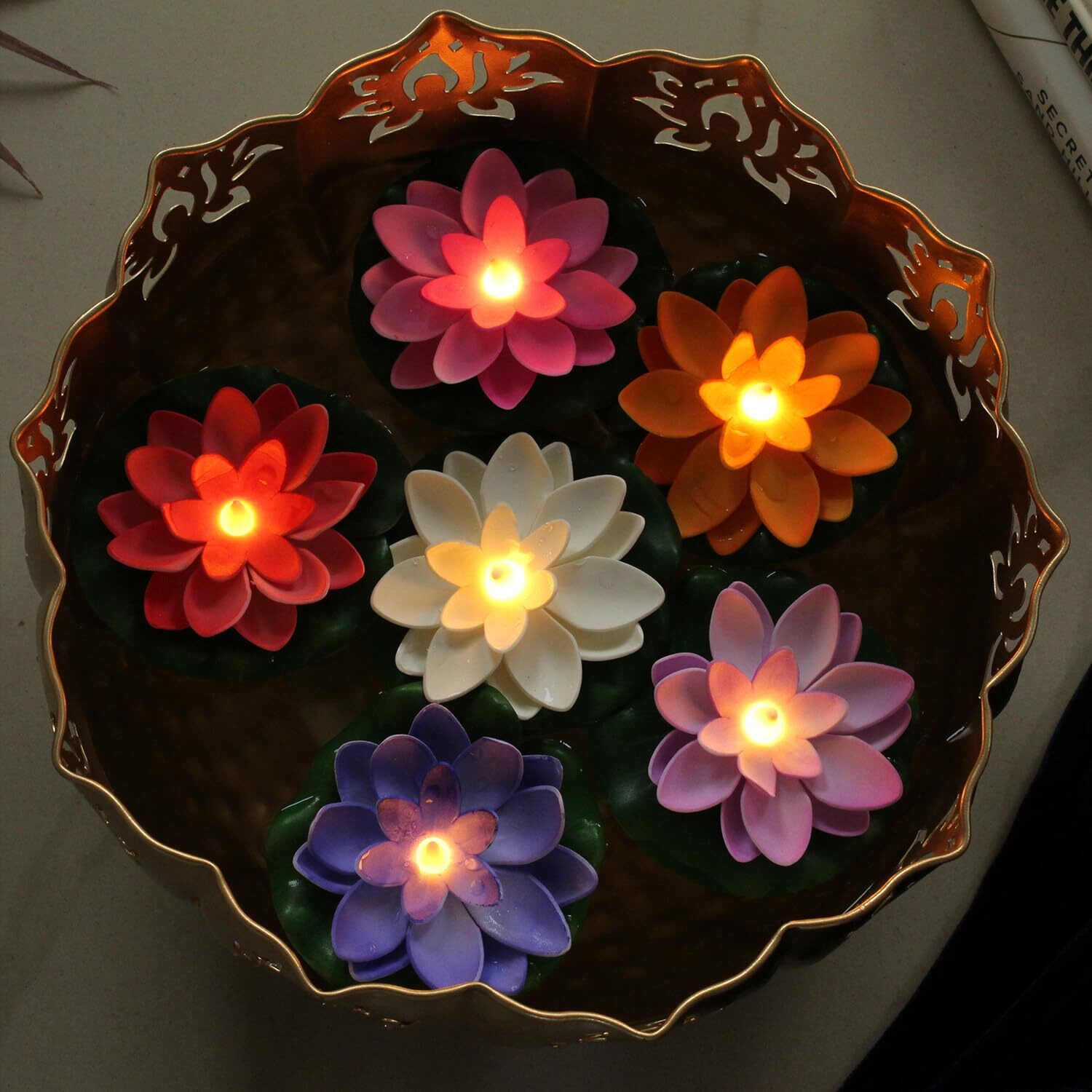 Tied Ribbons Water Floating Lotus Flowers Sensor Led Tea Light Battery Operated Candles (Pack Of 6, 9 Cm) - Water Diyas - Decor - Decoration Items For Home, Plastic, Multicolour