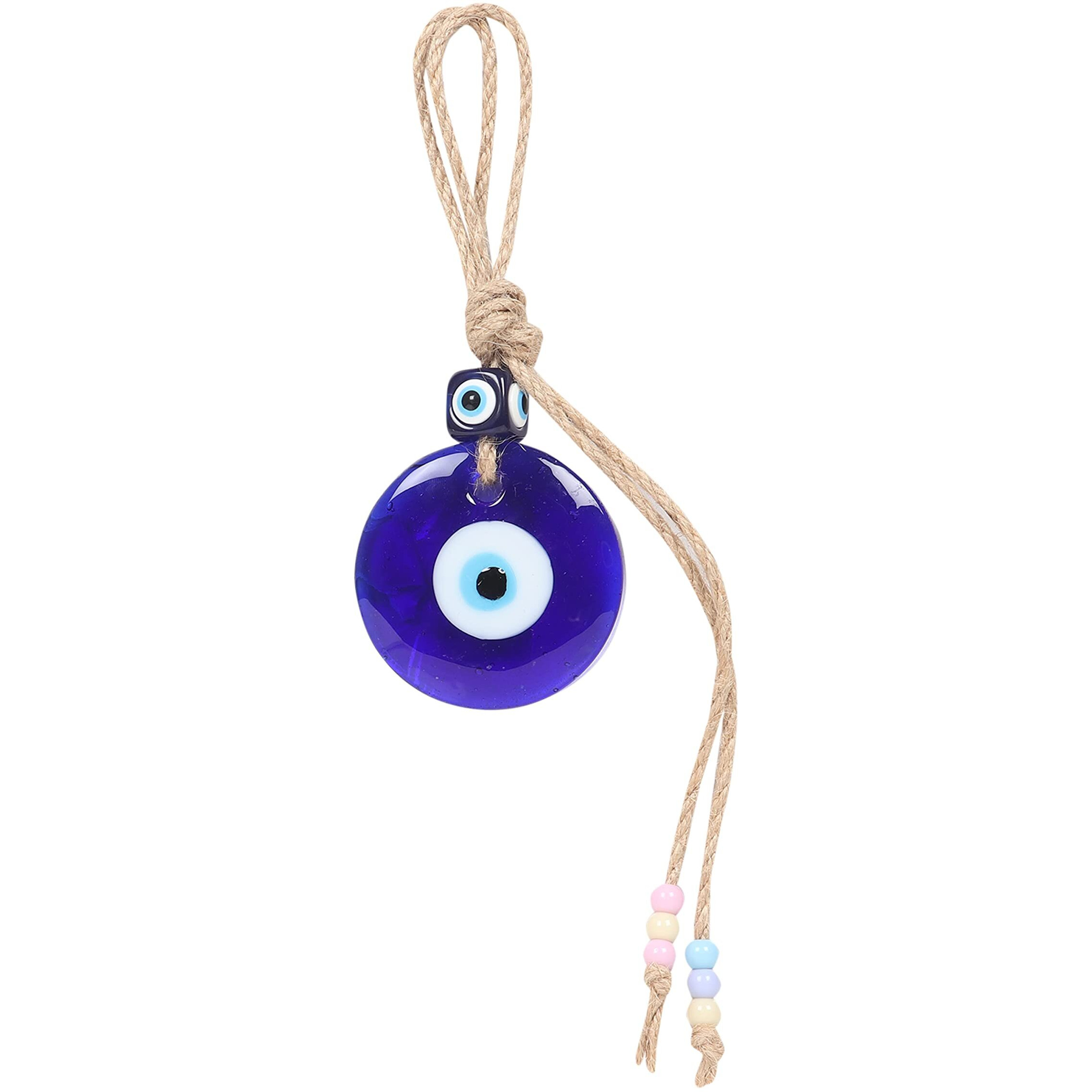 Linensutra Handmade Turkish Evil Eye Blue Glass Hanging For Good Luck Prosperity Zodiac Success Health Wealth Office Home Decor & Car (Jute String With Multi Color Beads) (Jugl-1020)