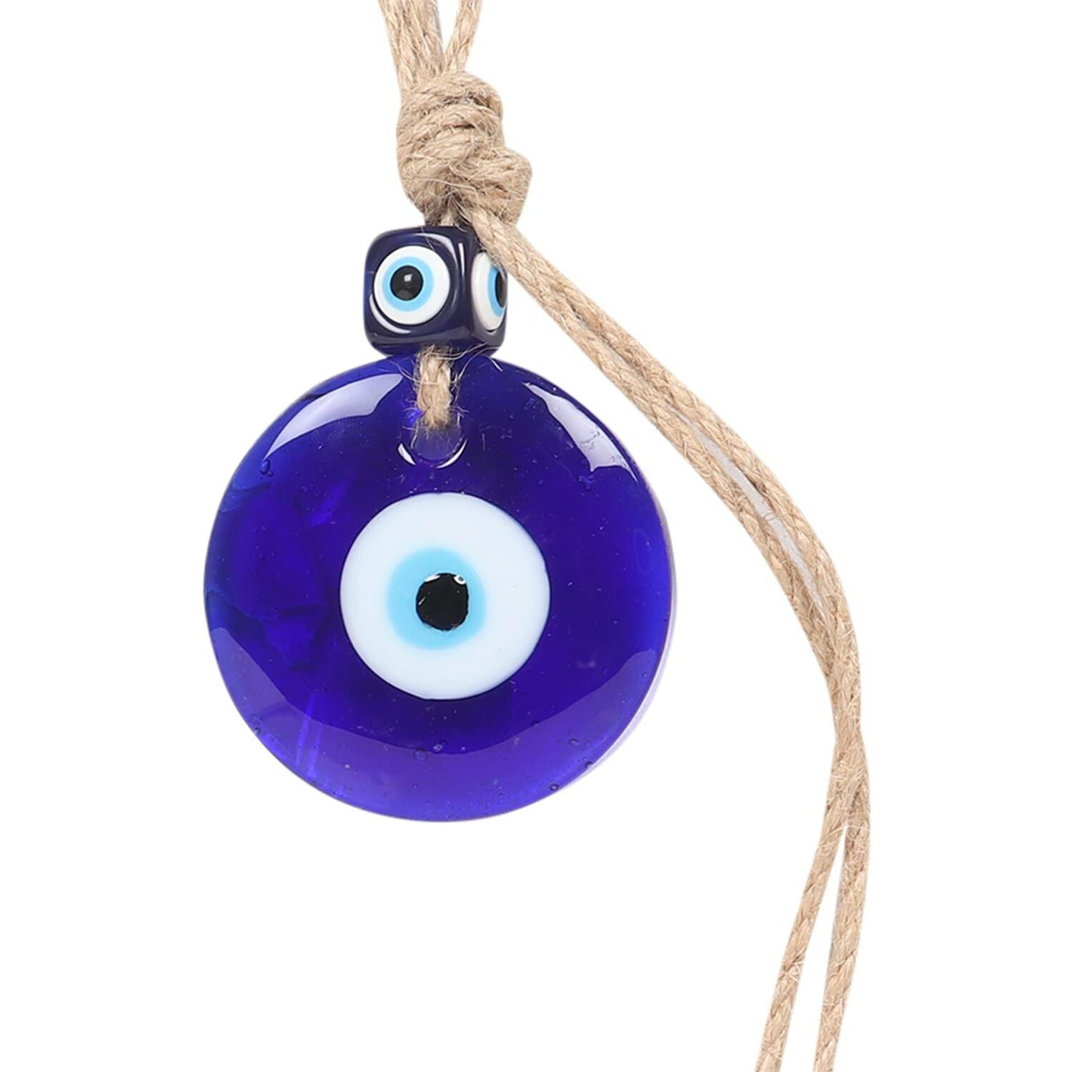 Linensutra Handmade Turkish Evil Eye Blue Glass Hanging For Good Luck Prosperity Zodiac Success Health Wealth Office Home Decor & Car (Jute String With Multi Color Beads) (Jugl-1020)