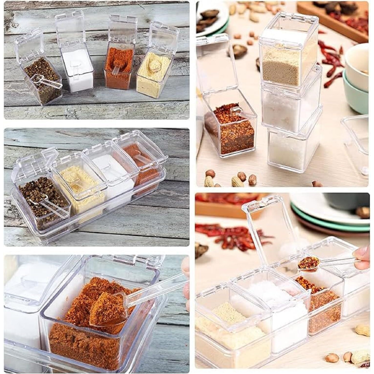 Hamsa Multipurpose Spice Jars For Kitchen, Masala Box, Detachable Container Small Spices Rack, Salt Sugar Pepper Seasonings Jar, Small Box Storage With Spoon Acrylic, Masala Dani Masala Dabba