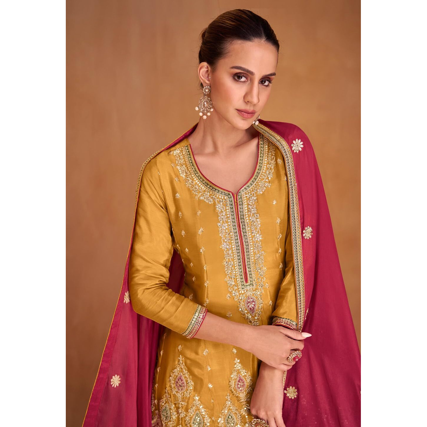 Miss Ethnik Chiffon Women's Golden Yellow And Pink Color Readymade Chinon Embroidered Kurta Palazzo Set With Embroidered Dupatta (Me-1136-Yellow-Large)