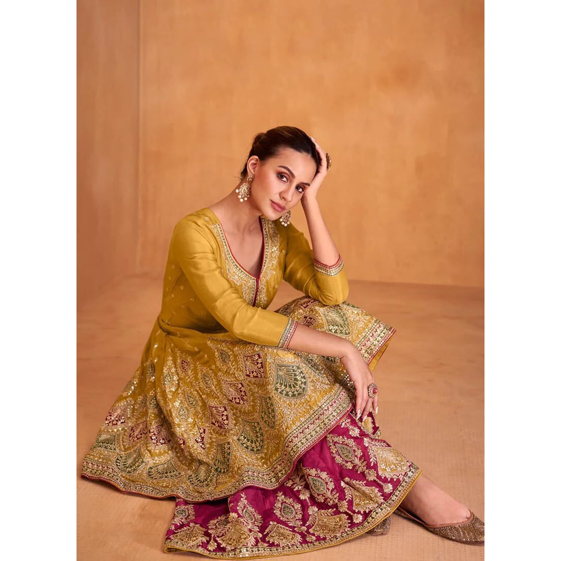 Miss Ethnik Chiffon Women's Golden Yellow And Pink Color Readymade Chinon Embroidered Kurta Palazzo Set With Embroidered Dupatta (Me-1136-Yellow-Large)