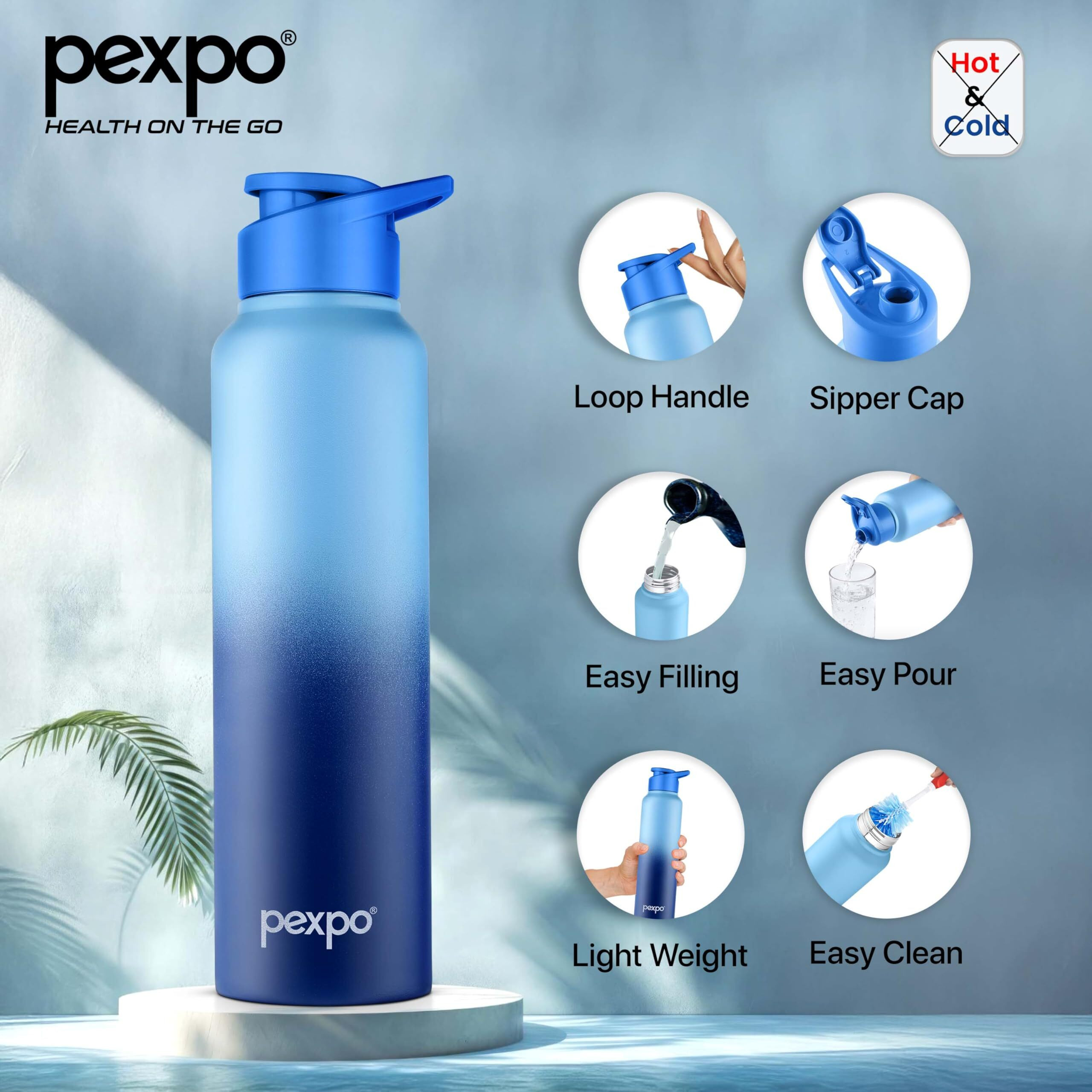 Pexpo Craft Pro Stainless Steel Sports/Fridge Water Bottle With Sipper Cap, 1000Ml, Blue-Denim Blue Ombre | Eco Friendly | Bpa Free | Water Bottle For Office,Gym, School, Yoga, Trekking, Adults & Kids
