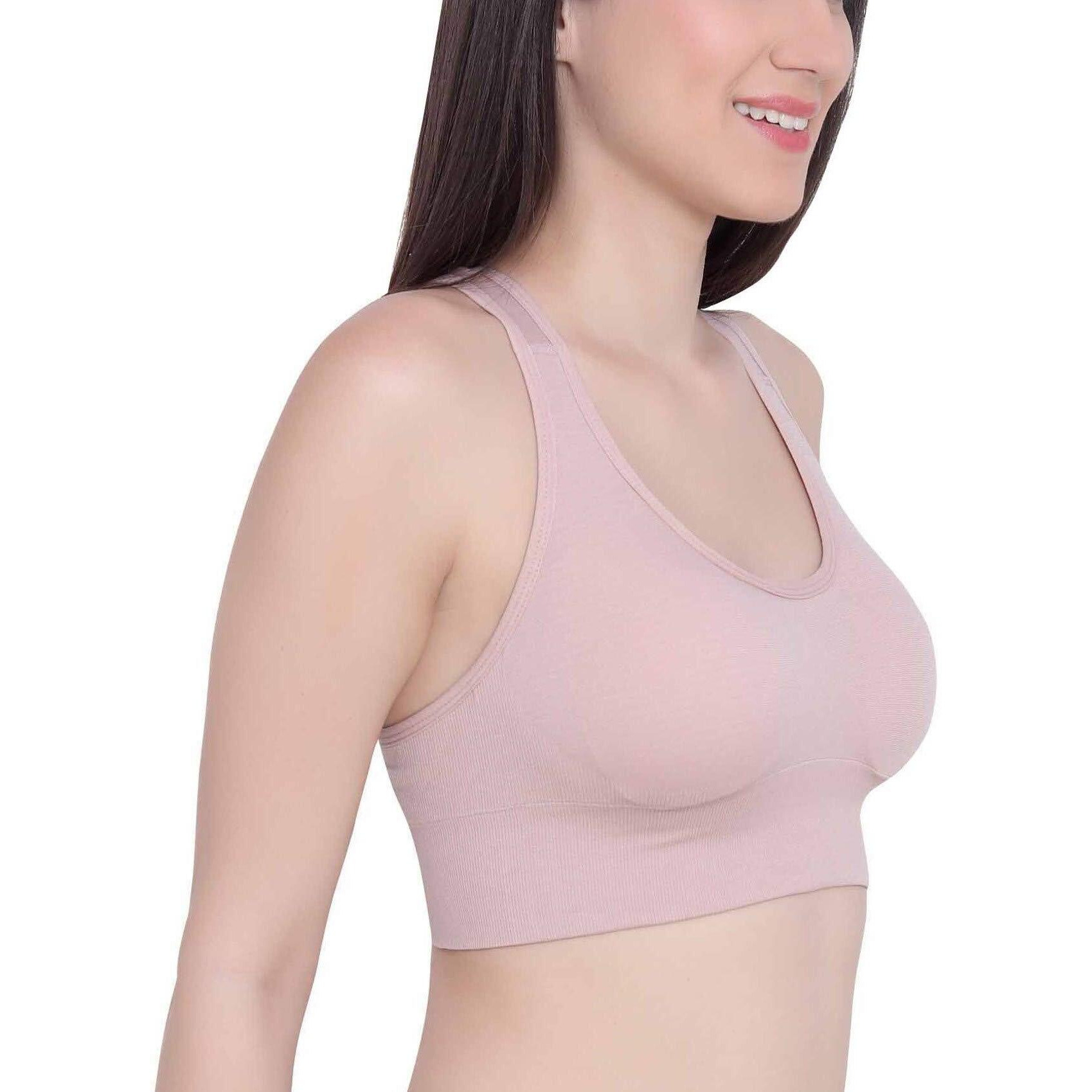 Glamoras Women's Nylon Spandex Padded Non Wired Racer Back Sports Bra For Gym, Cardio, Zumba And Yoga | Everyday Active Wear For Girls | Size M To 2Xl Peach