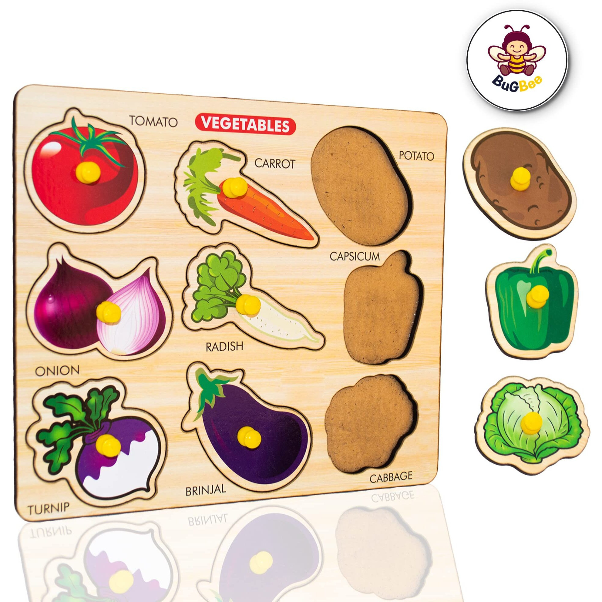 Bugbee Home Learning Preschool Early Educational Development Colorful Fruit And Vegetables Wooden Peg Puzzle Board Jigsaw Bundle Shape Toys And Games For Kids Age 2 3-7 Years Old Child 18 Pieces