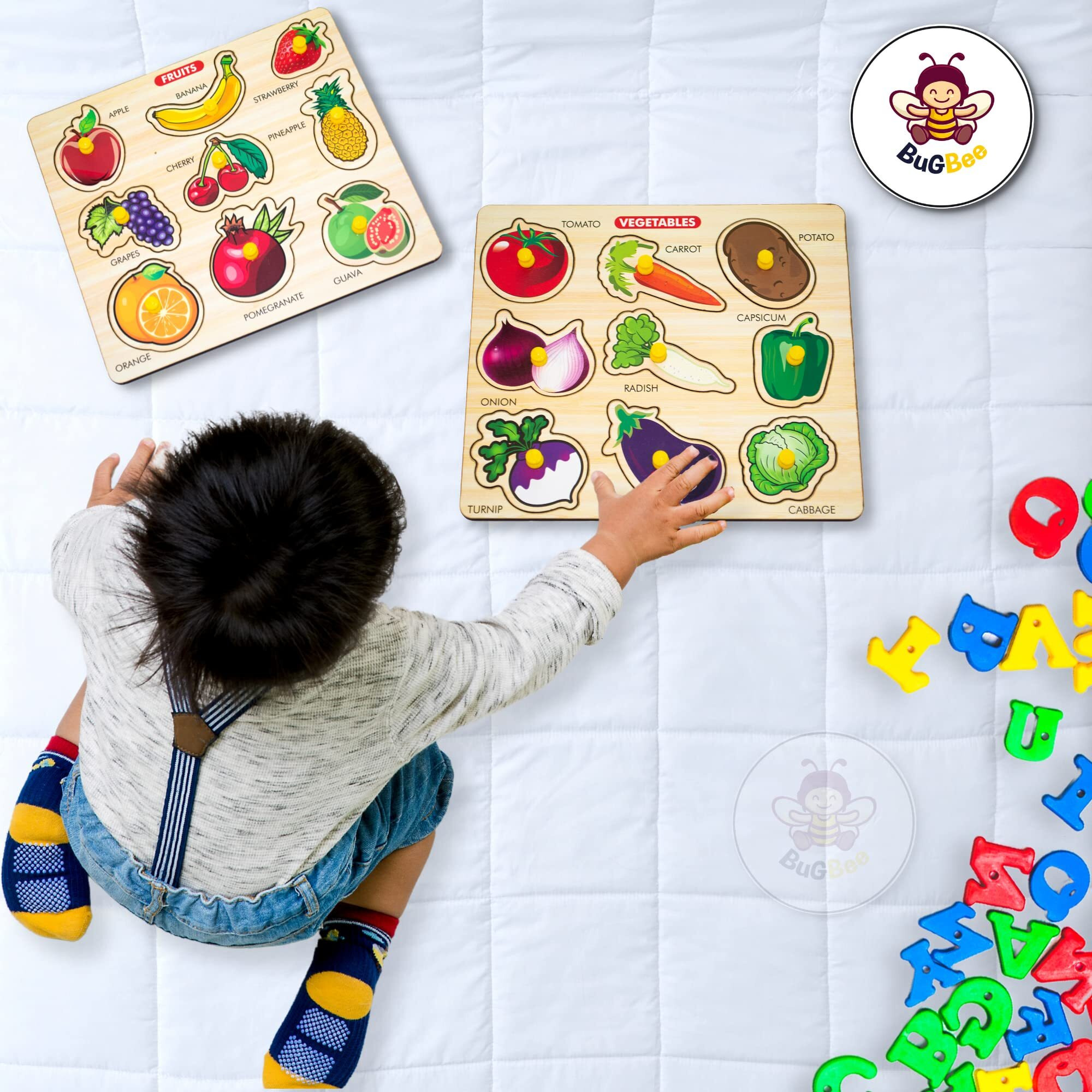 Bugbee Home Learning Preschool Early Educational Development Colorful Fruit And Vegetables Wooden Peg Puzzle Board Jigsaw Bundle Shape Toys And Games For Kids Age 2 3-7 Years Old Child 18 Pieces