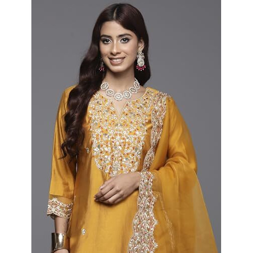 Indo Era Women's Embroidered Viscose Calf Length Straight Kurta Pant Set With Dupatta Set (Kh1Mt9425_Small)
