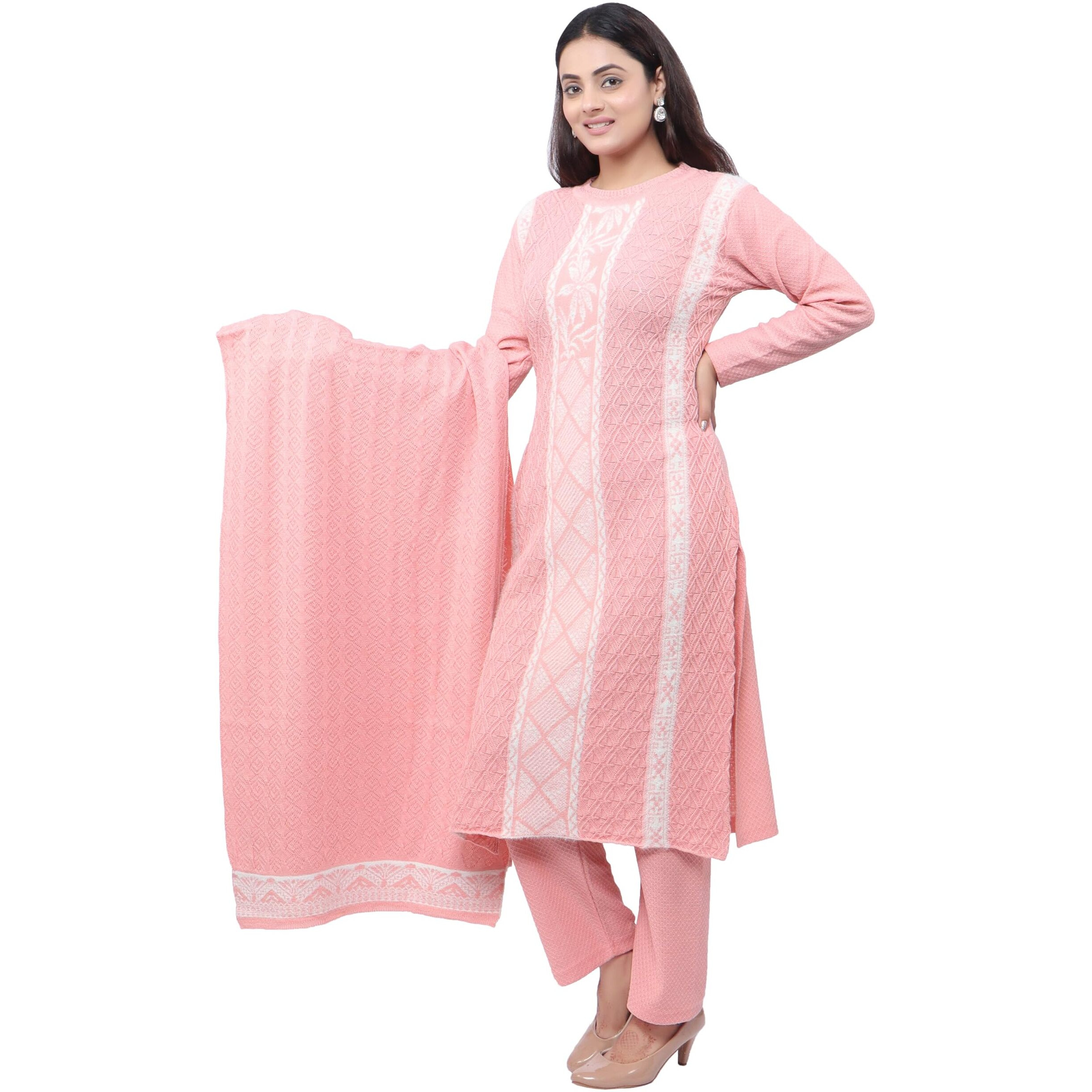 Pipasa Women's Embroidered Kurta Sets Karachi Wool Kurta Palazzo And Stole - Warm Winter Wear, Full Sleeve, Mandarin Collar (Set Of 3 Piece) Kangna