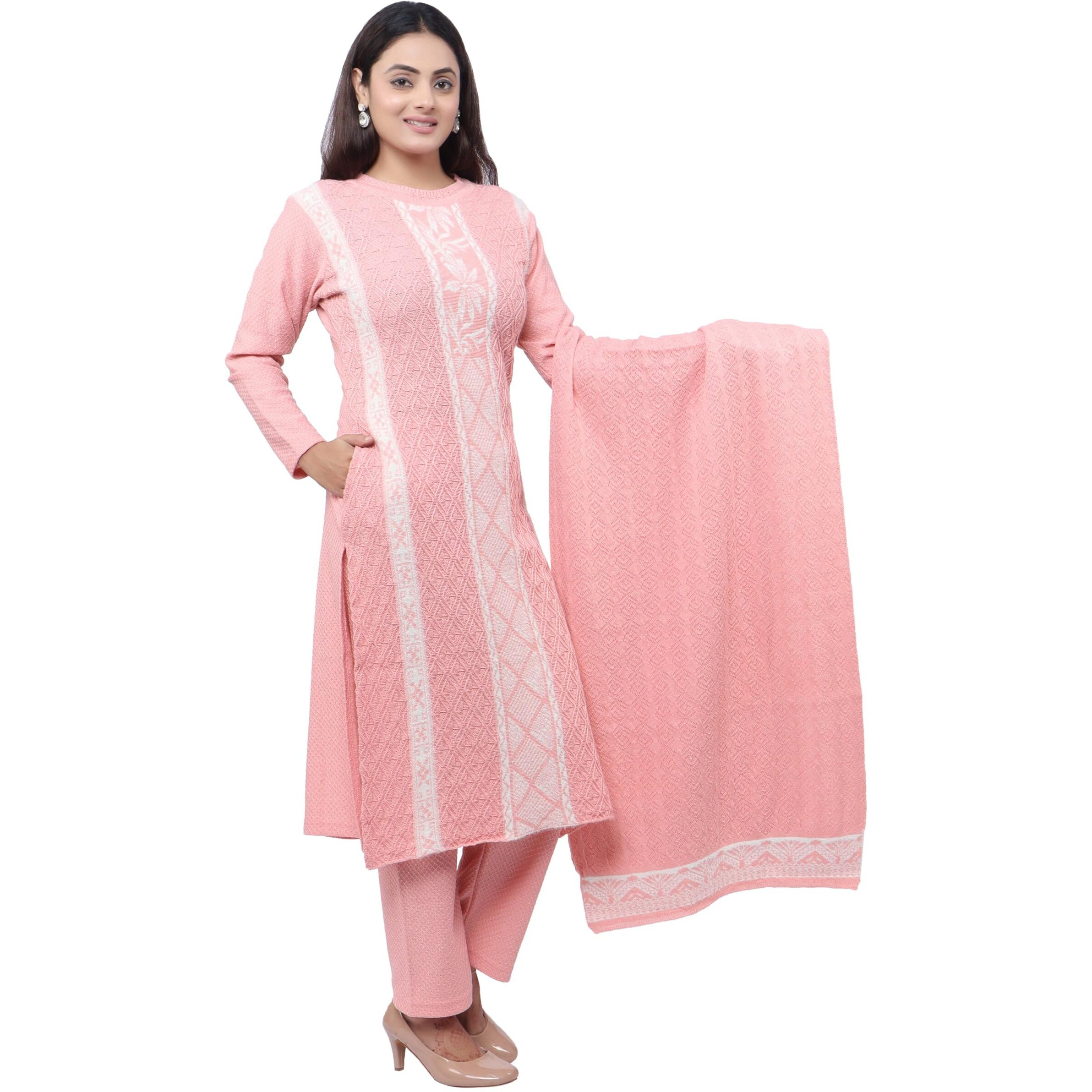 Pipasa Women's Embroidered Kurta Sets Karachi Wool Kurta Palazzo And Stole - Warm Winter Wear, Full Sleeve, Mandarin Collar (Set Of 3 Piece) Kangna