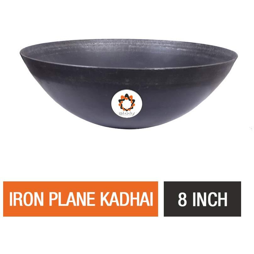 Akky Iron Handmade Plane Fry Kadhai/Pan | Lokhandi Kadai For Cooking And Deep Frying Without Handle (8 Inch / 20.3 Cm, Black)