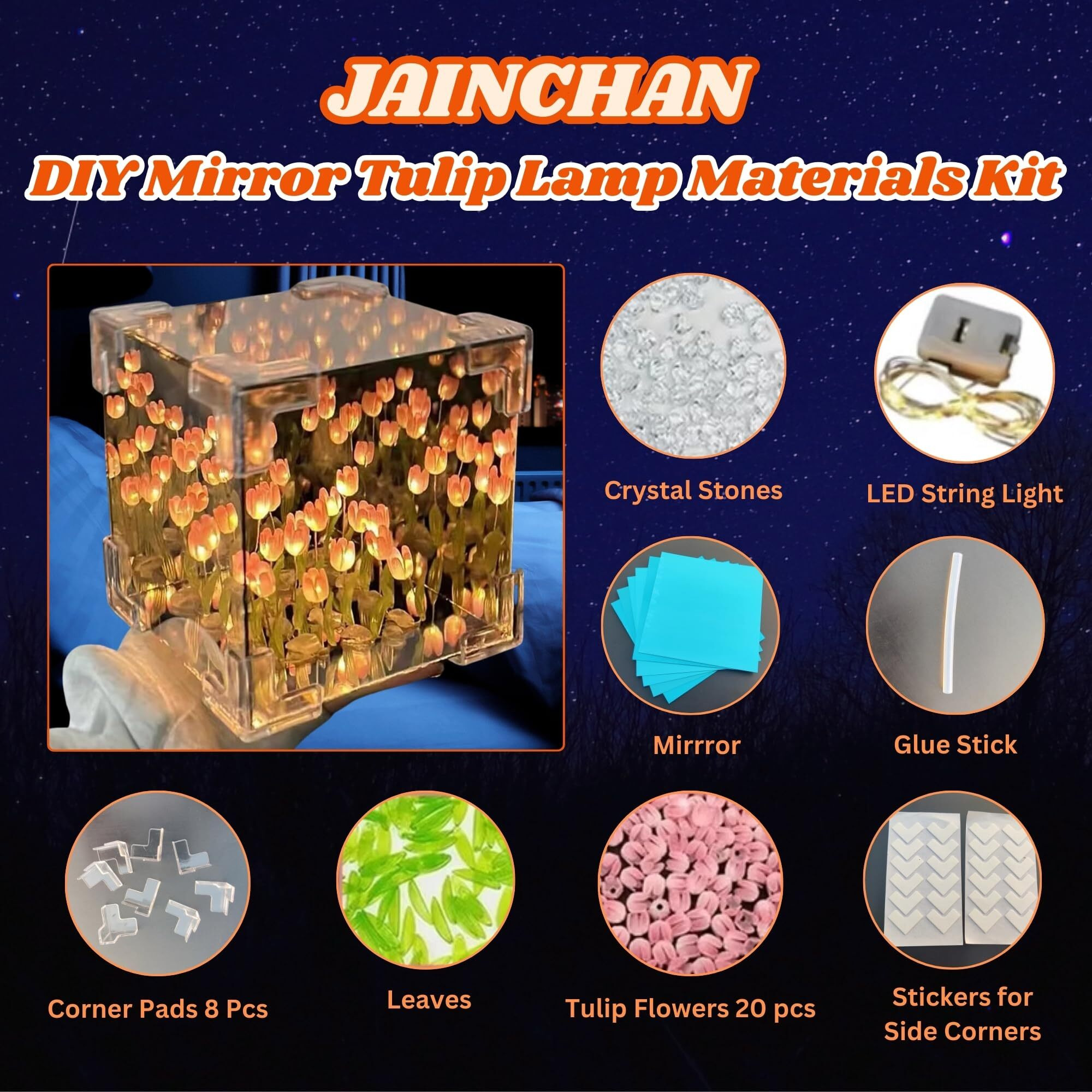 Jainchan Mirror Tulip Lamp Diy Material Kit Square Cube Infinity Handmade Lamp|20 Flowers, Led Strip, Leafs Stones|Girlfriend Birthday 2025, Transparent