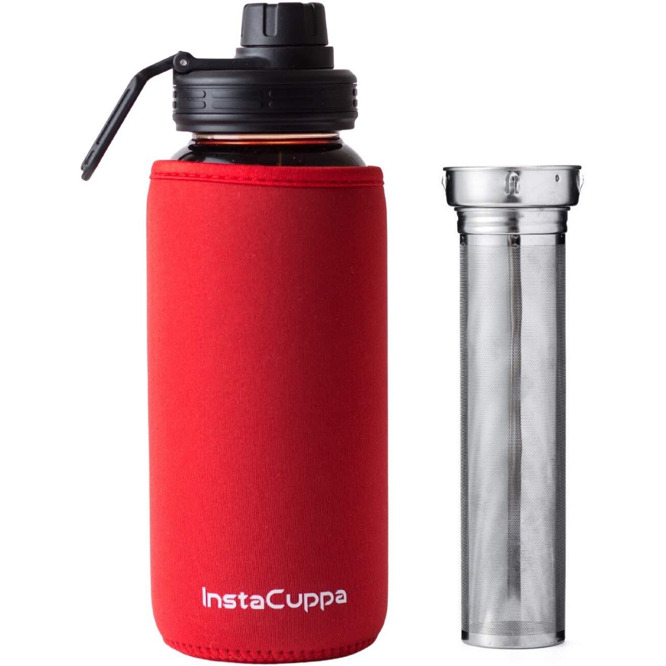 Instacuppa Borosilicate Glass Water Bottle 1000 Ml With Full Length Stainless Steel Infuser, Fruit Infused Detox Recipes Ebook, Time Markings, Sports Sipper Lid, Removable Neoprene Sleeve,Red