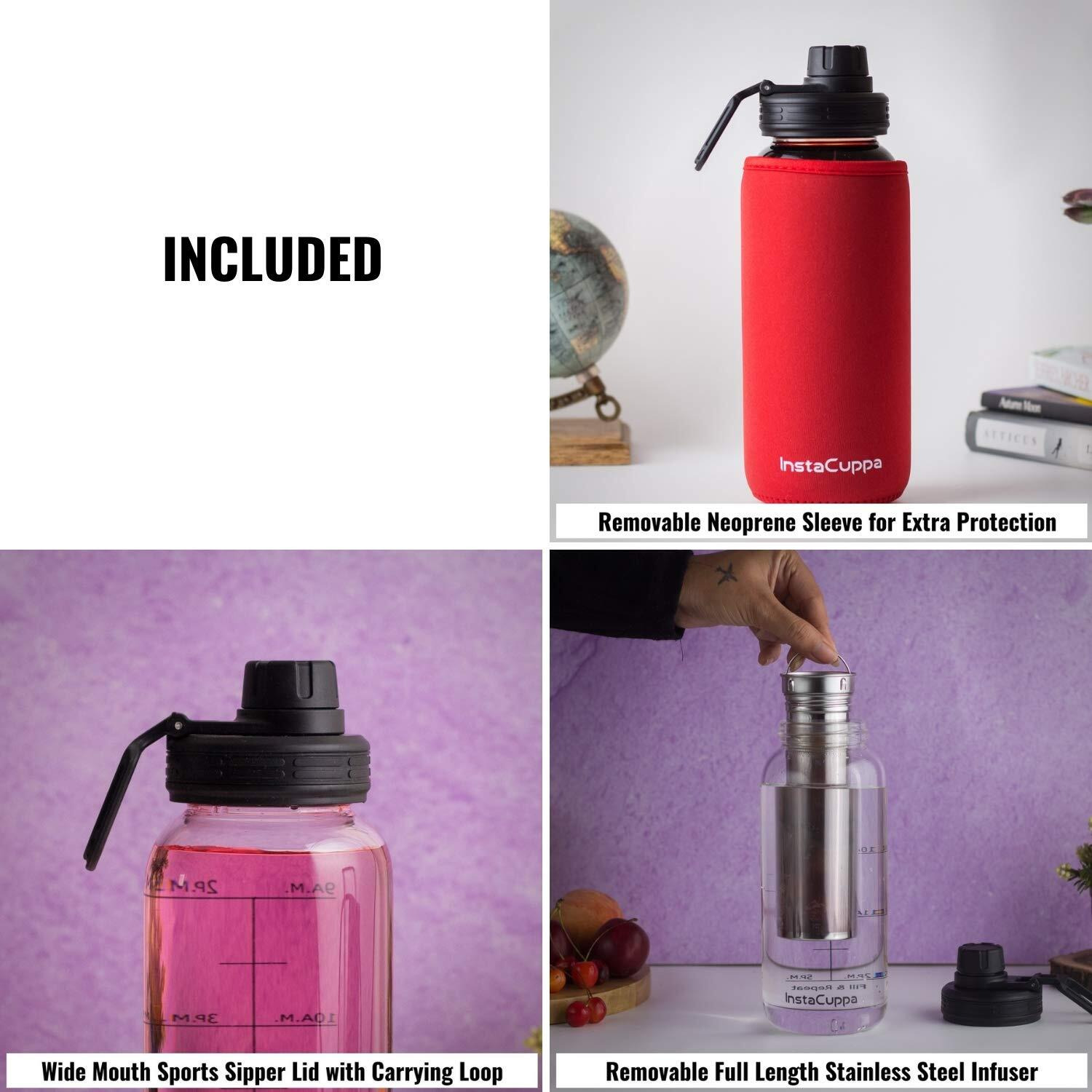 Instacuppa Borosilicate Glass Water Bottle 1000 Ml With Full Length Stainless Steel Infuser, Fruit Infused Detox Recipes Ebook, Time Markings, Sports Sipper Lid, Removable Neoprene Sleeve,Red